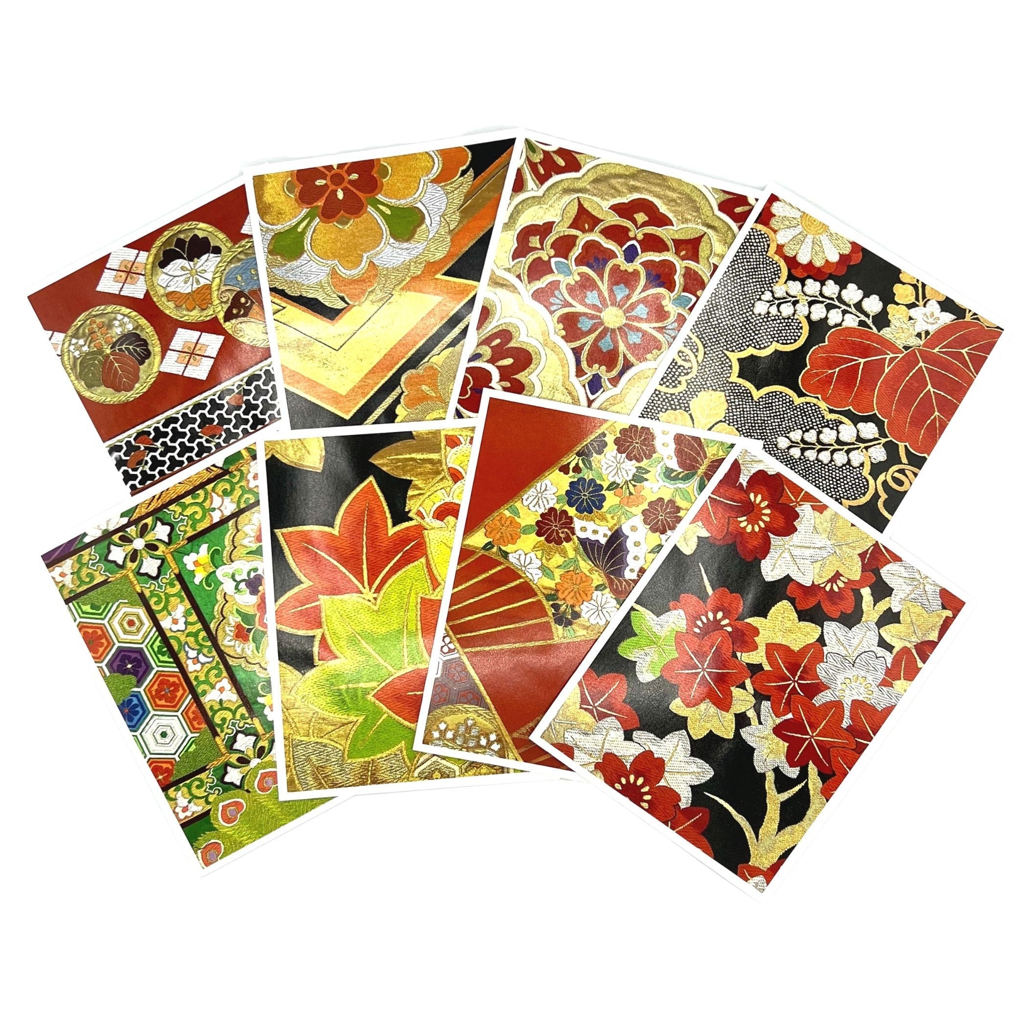 Japanese Greeting Card Set featuring Traditional Kimono Obi Fabric