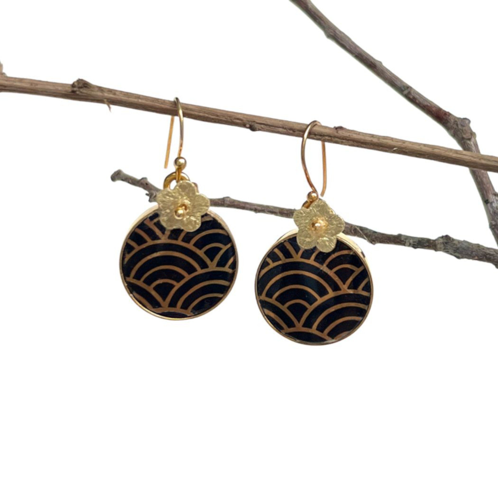 Japanese Gold and Black Seikaiha China Earrings with Tiny Gold Flowers