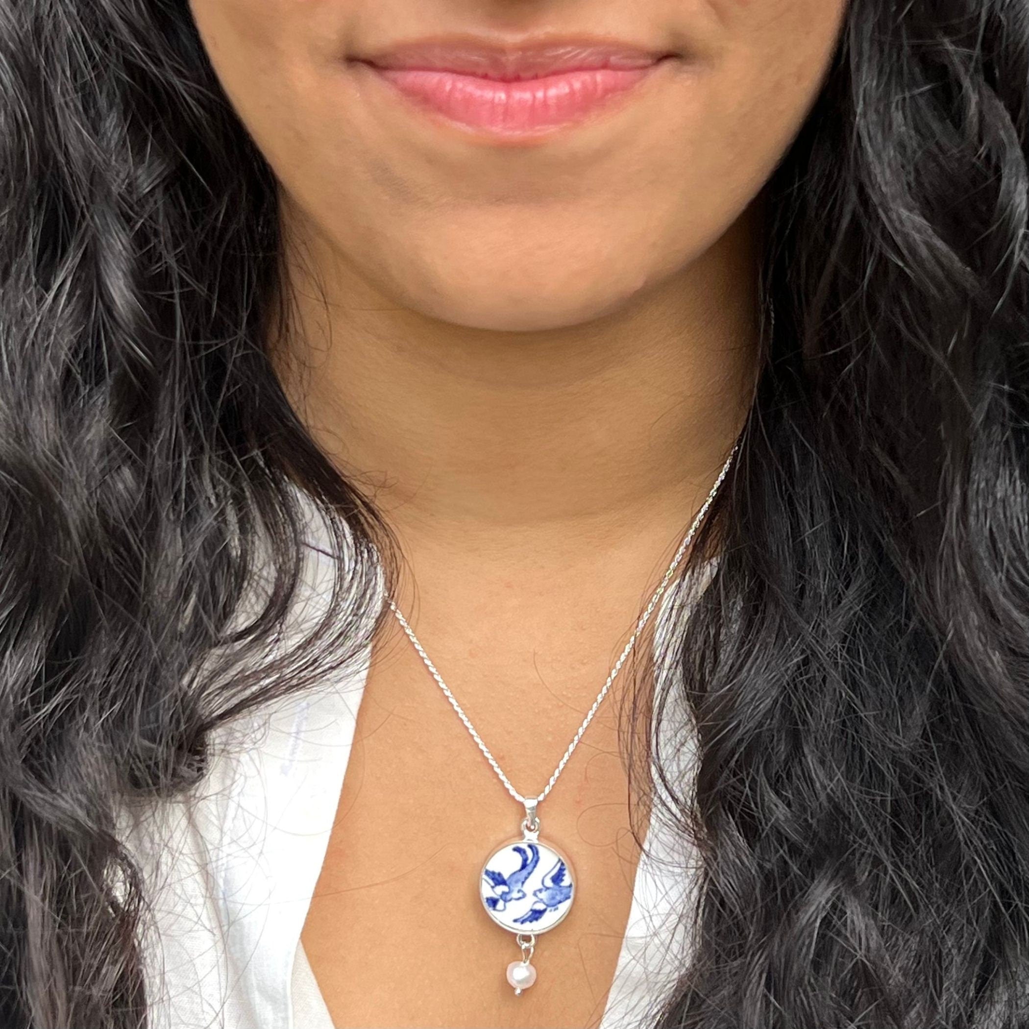 Blue Willow China Love Birds Necklace, Unique Christmas Gift for Wife, Thoughtful Vintage Blue & White China Jewelry Holiday Gift for Women