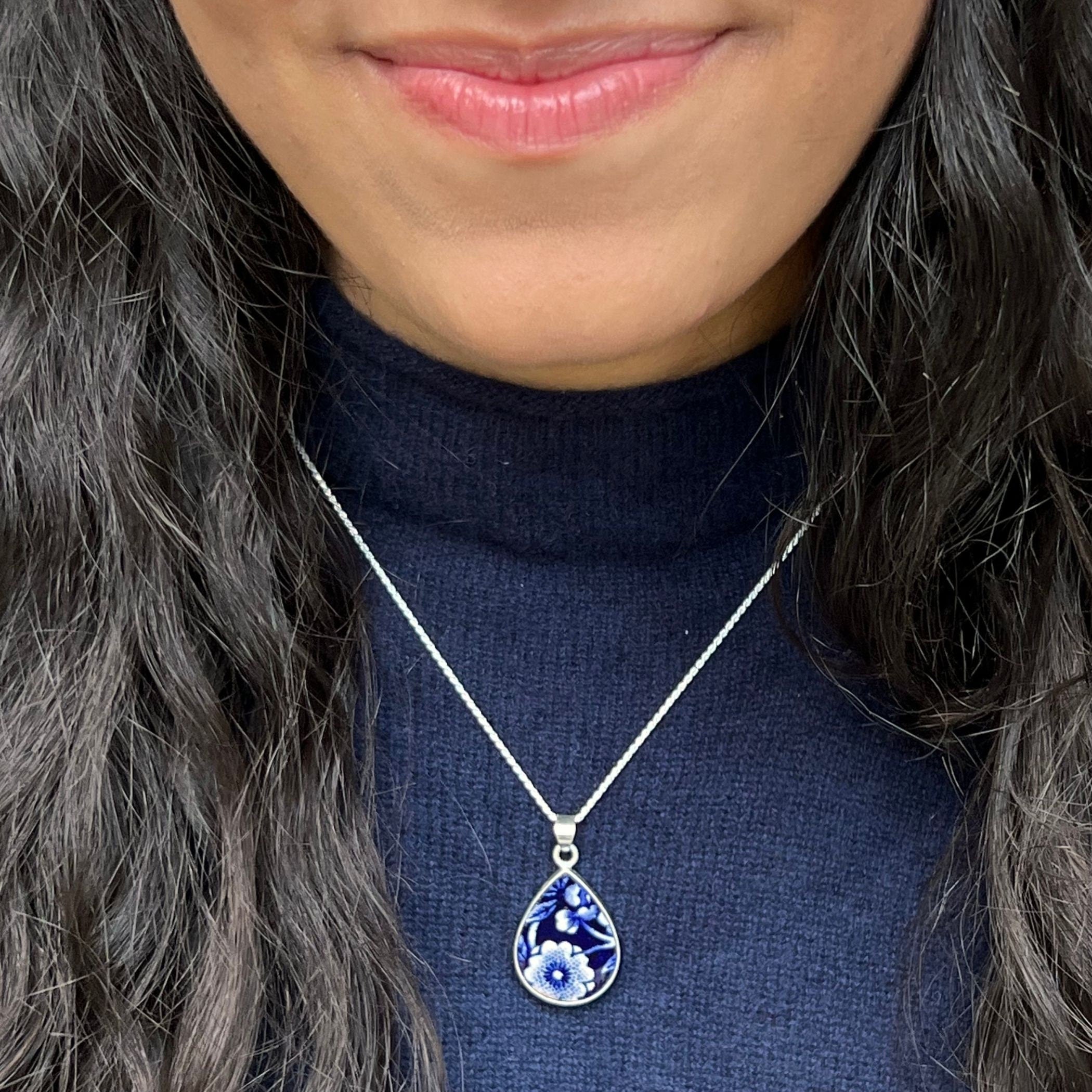 Burleigh Blue Calico China Necklace with Unique Teardrop Porcelain Statement Pendant