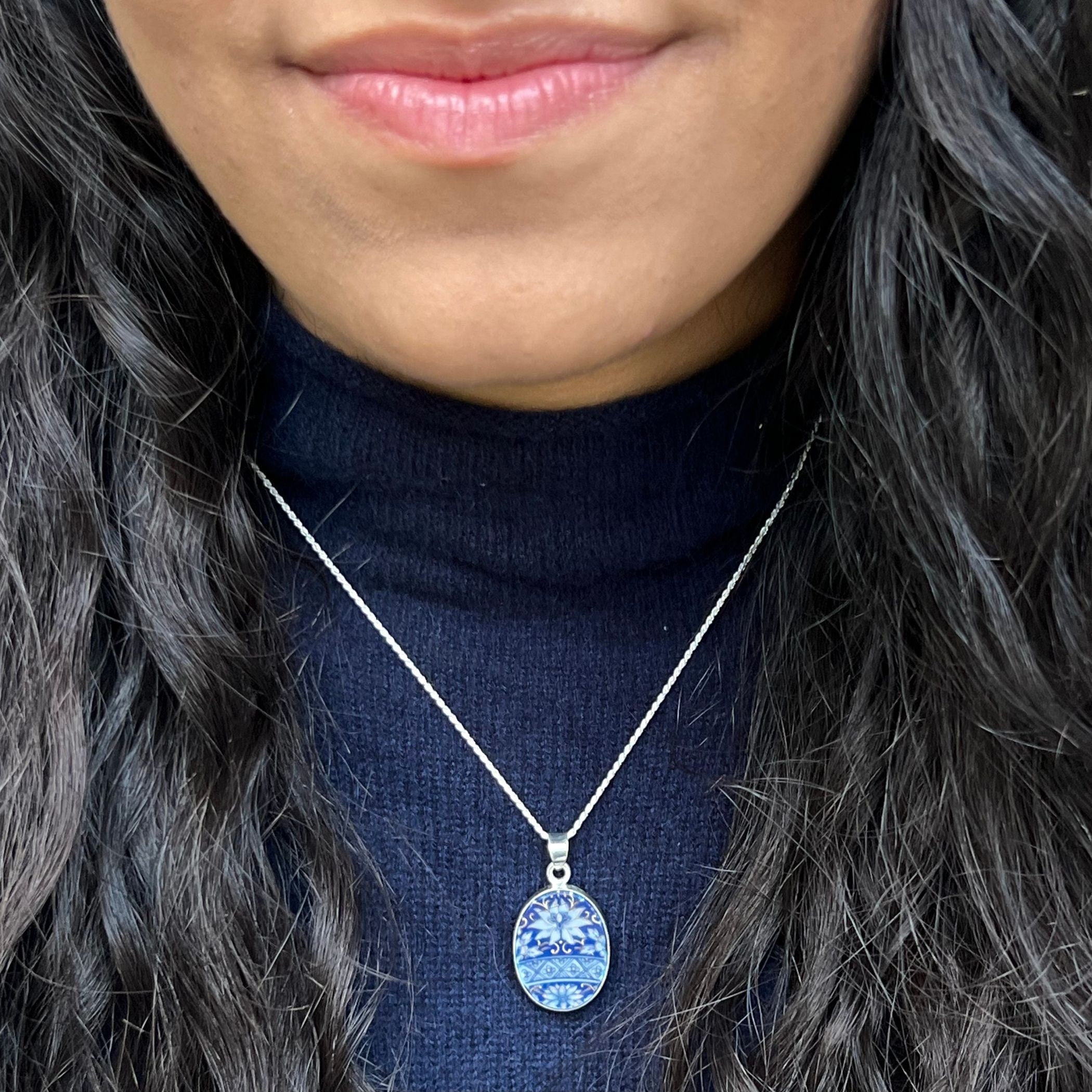 Intricate Blue Oval Egg Pendant Necklace handmade with Upcycled Porcelain