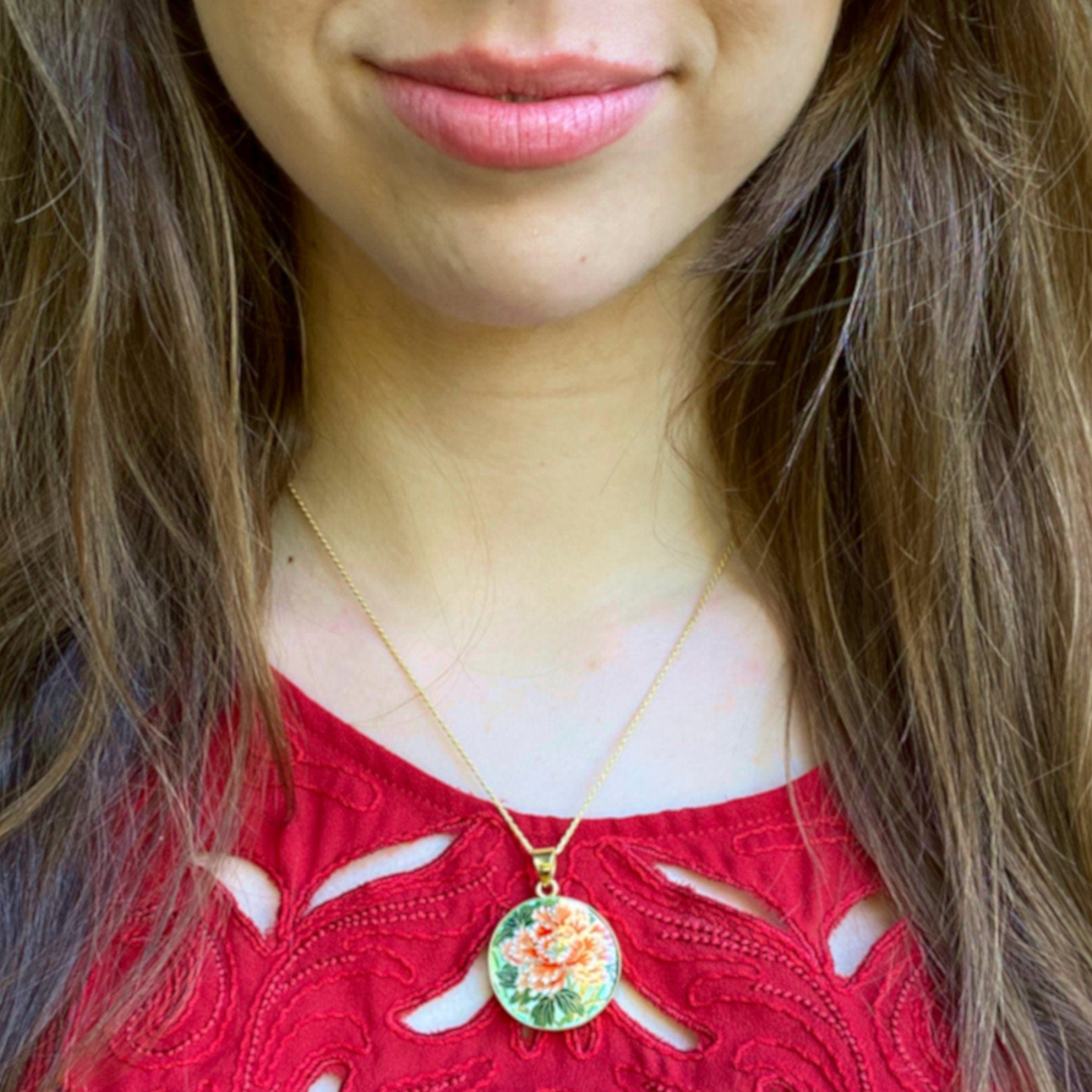 Red Peony Necklace upcycled from a Japanese Imari Porcelain Vase