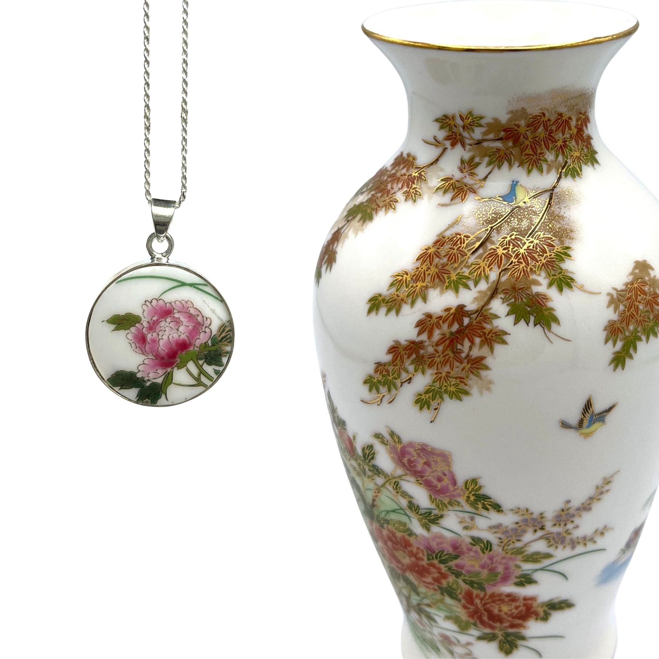 Stunning Peony Porcelain Necklace handmade from a Japanese Asahi Yamaji Vase