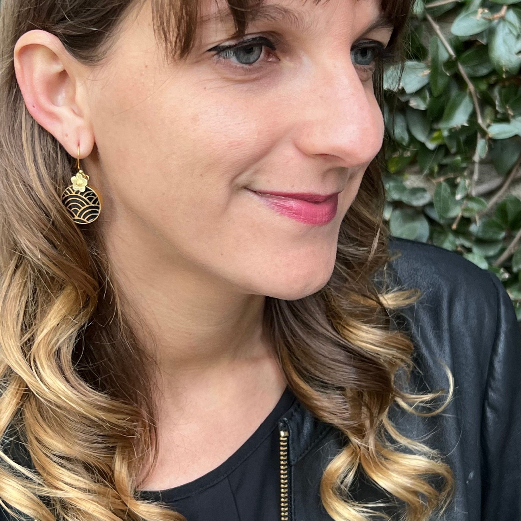 Japanese Gold and Black Seikaiha China Earrings with Tiny Gold Flowers