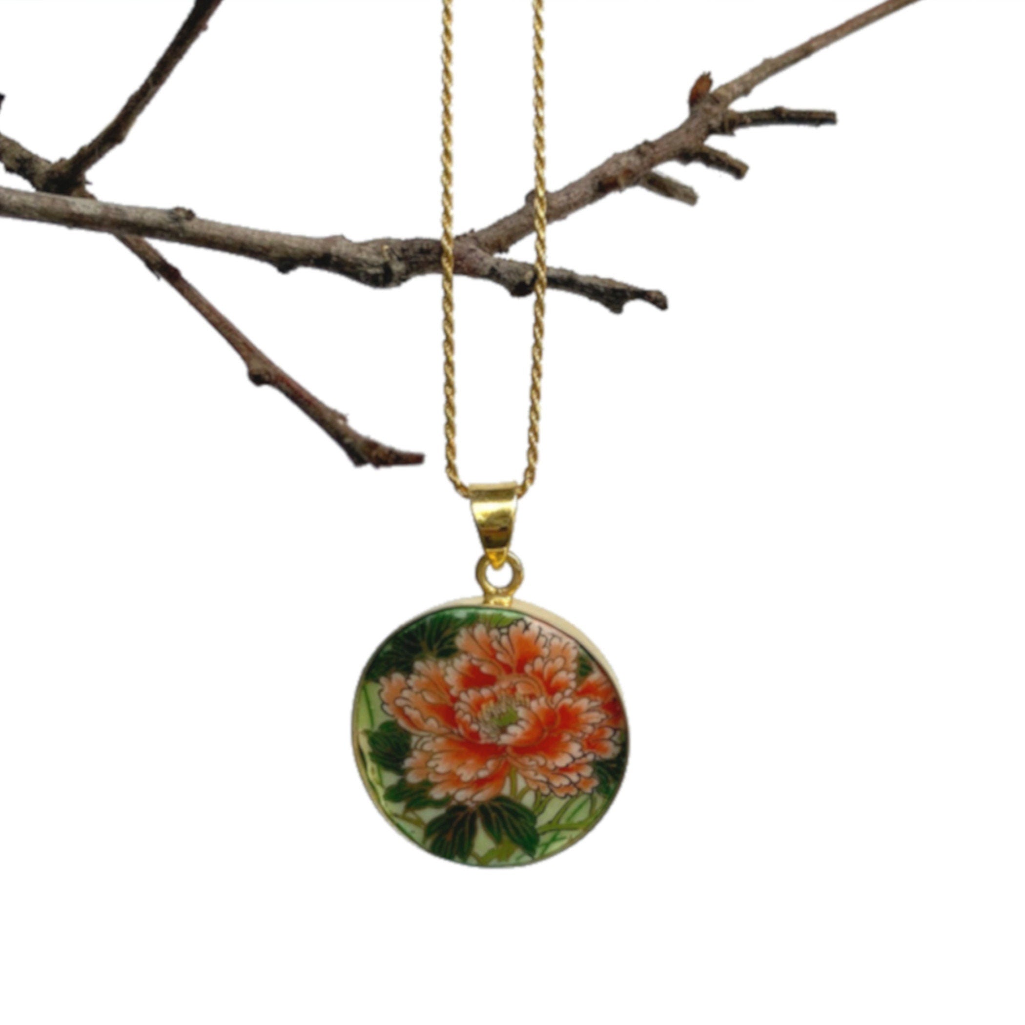 Red Peony Necklace upcycled from a Japanese Imari Porcelain Vase