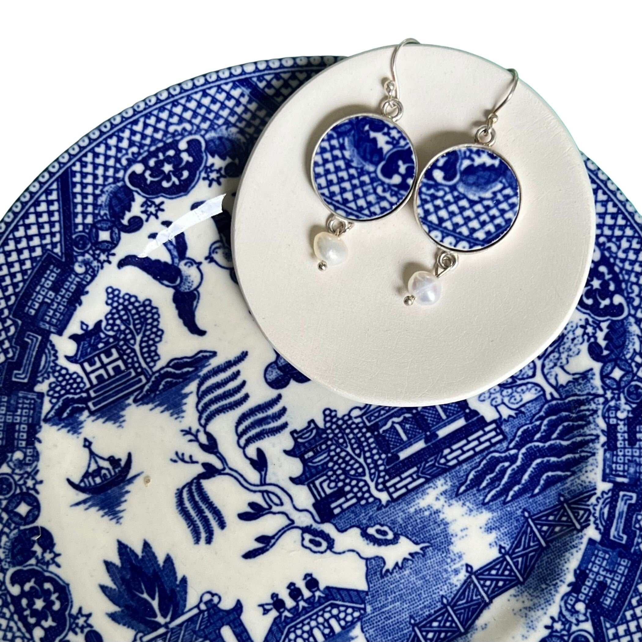 Vintage Blue Willow China Earrings handmade with Upcycled Blue Transferware