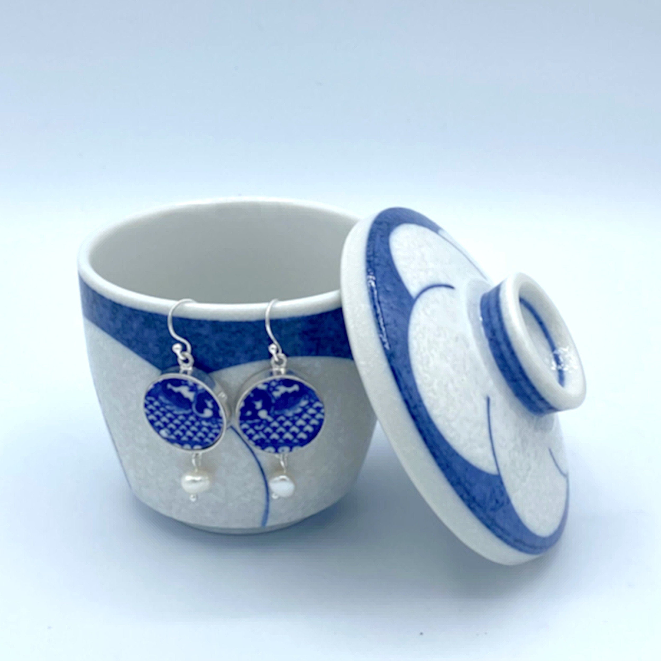 Vintage Blue Willow China Earrings handmade with Upcycled Blue Transferware