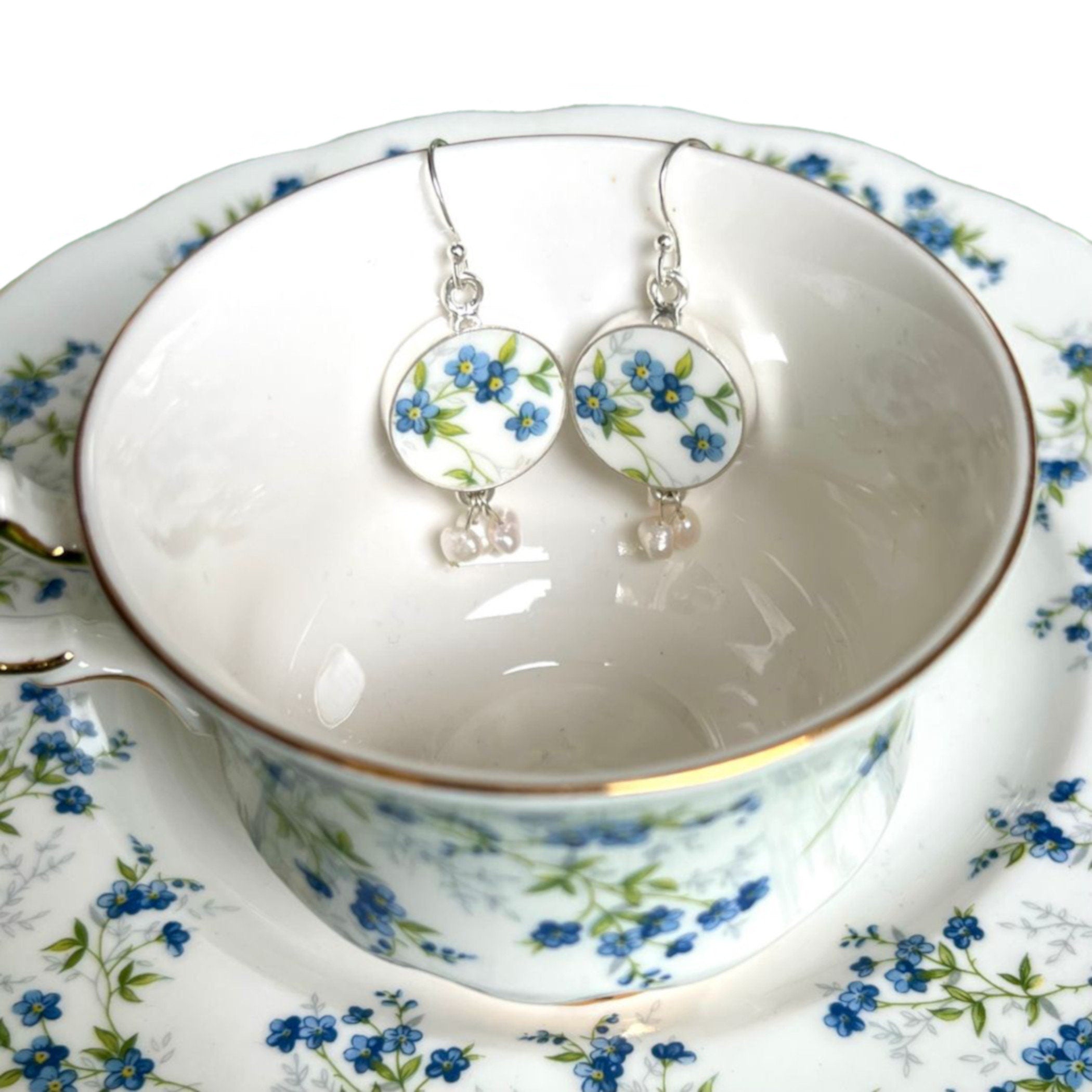 Romantic Forget Me Not China Earrings with a Victorian Style Porcelain