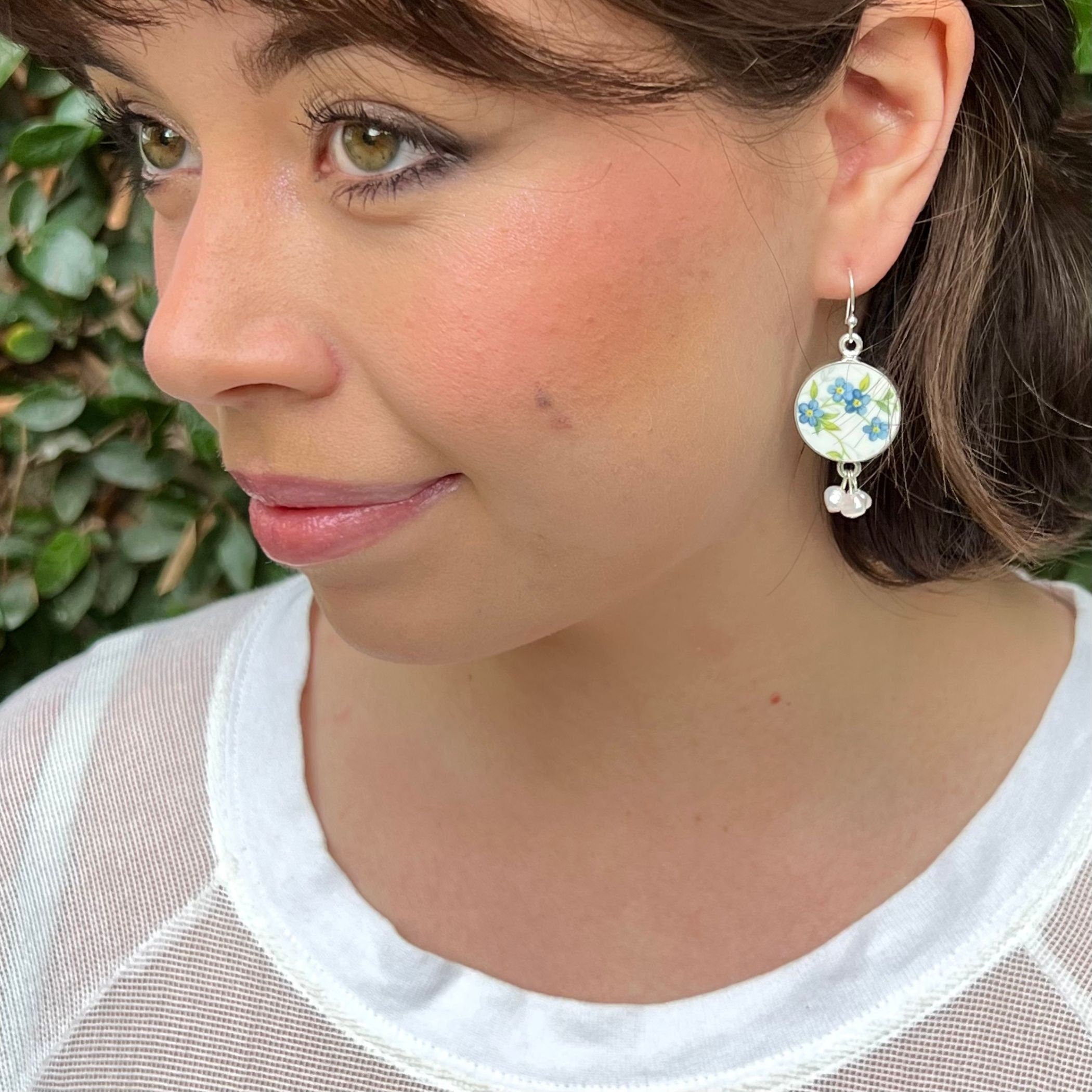 Romantic Forget Me Not China Earrings with a Victorian Style Porcelain