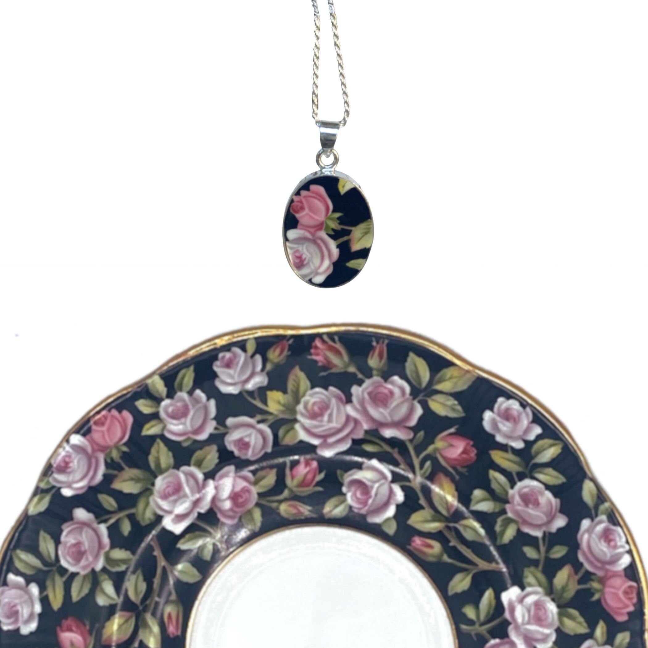 Vintage Royal Albert Rose Chintz China Necklace handmade with Black & Pink Roses