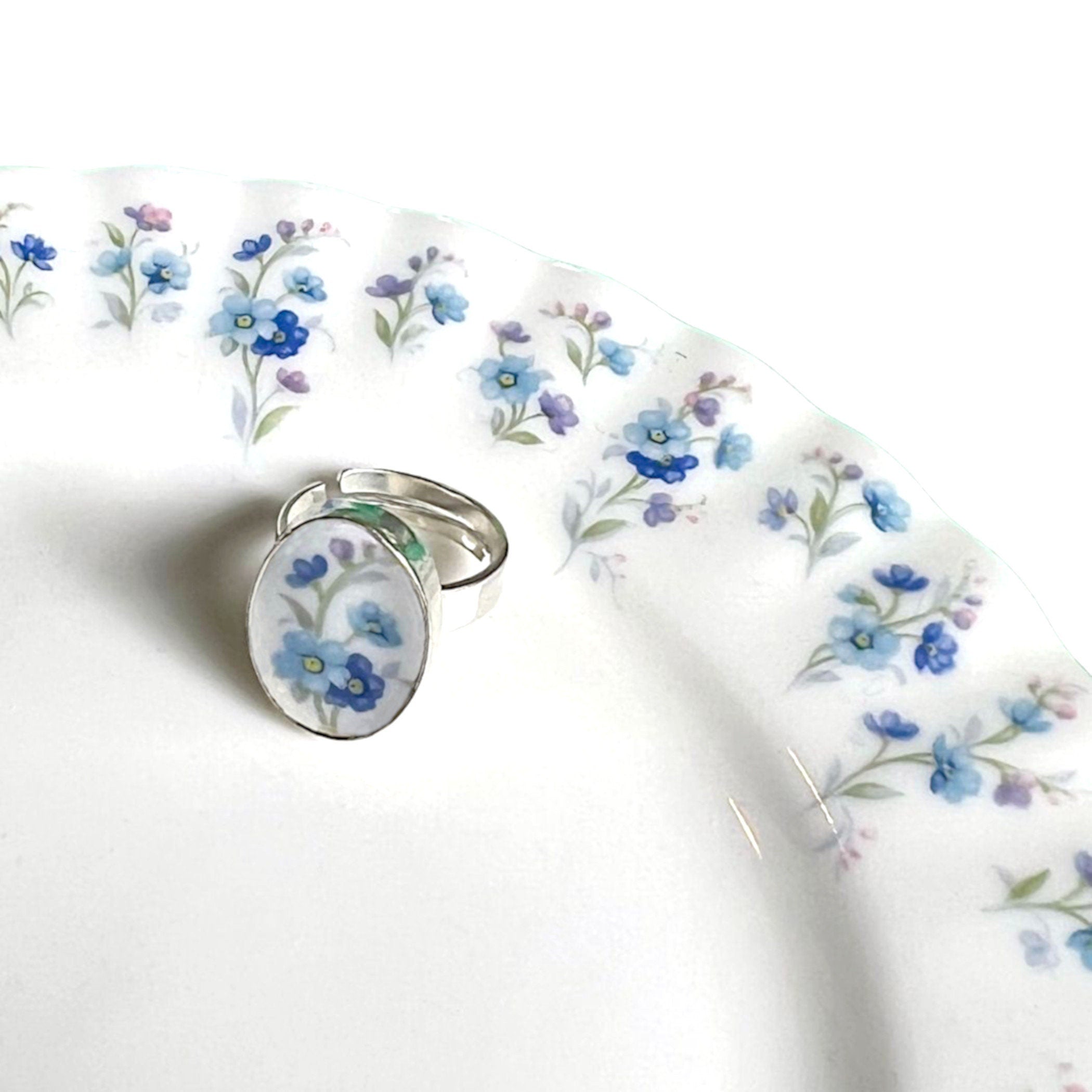 Royal Albert Forget Me Not China Ring handmade with Sterling Silver & Repurposed China