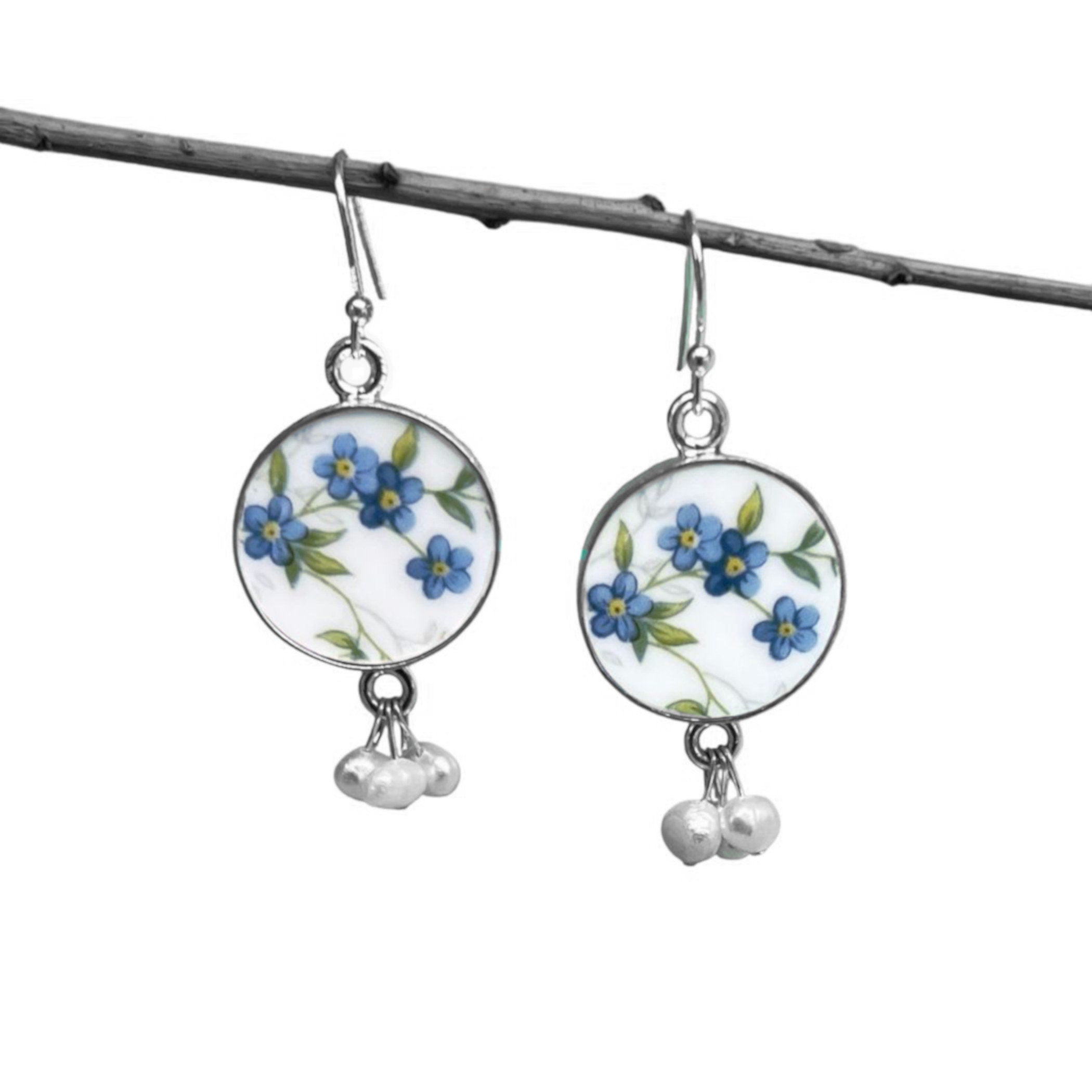 Romantic Forget Me Not China Earrings with a Victorian Style Porcelain