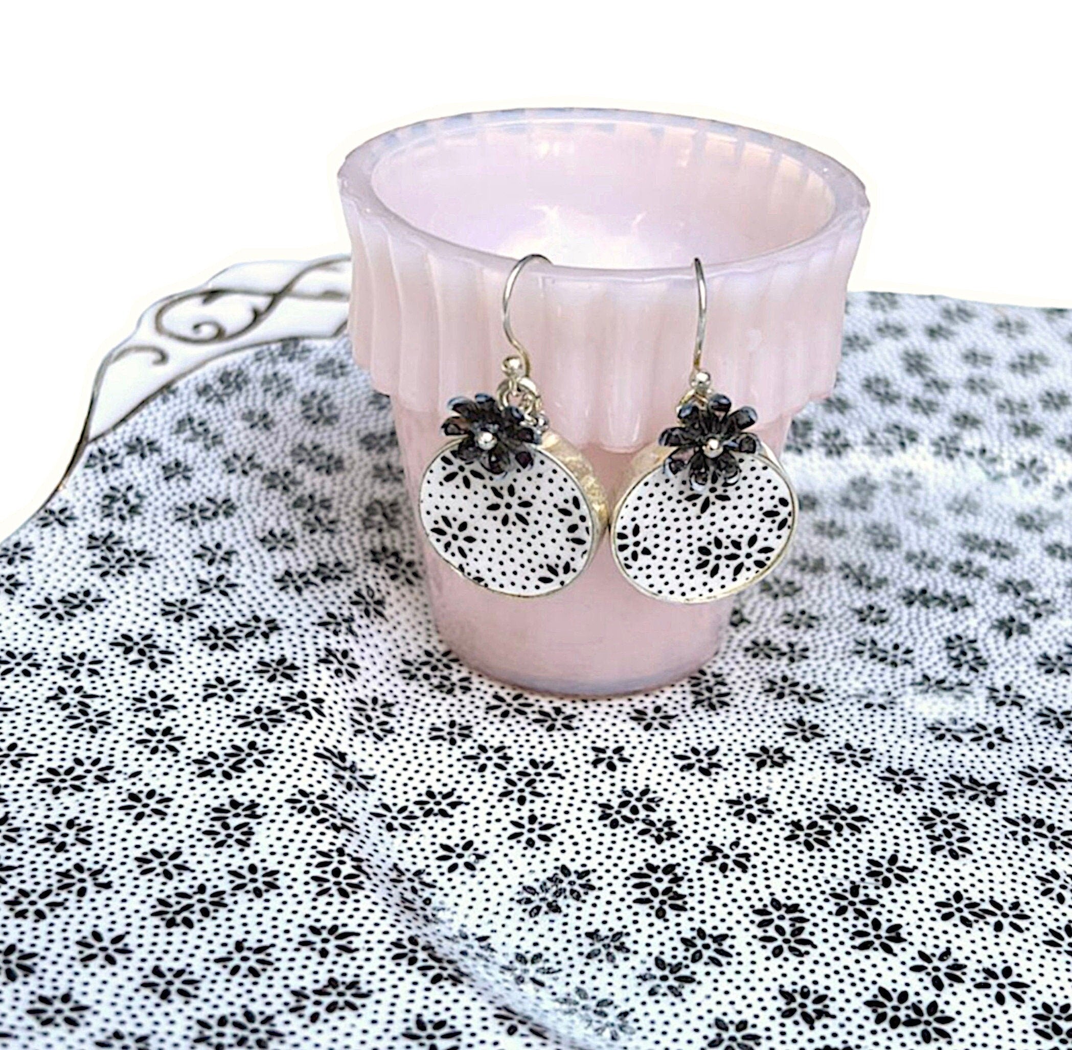 French Provincial Style Floral China Earrings with Tiny Black Flowers