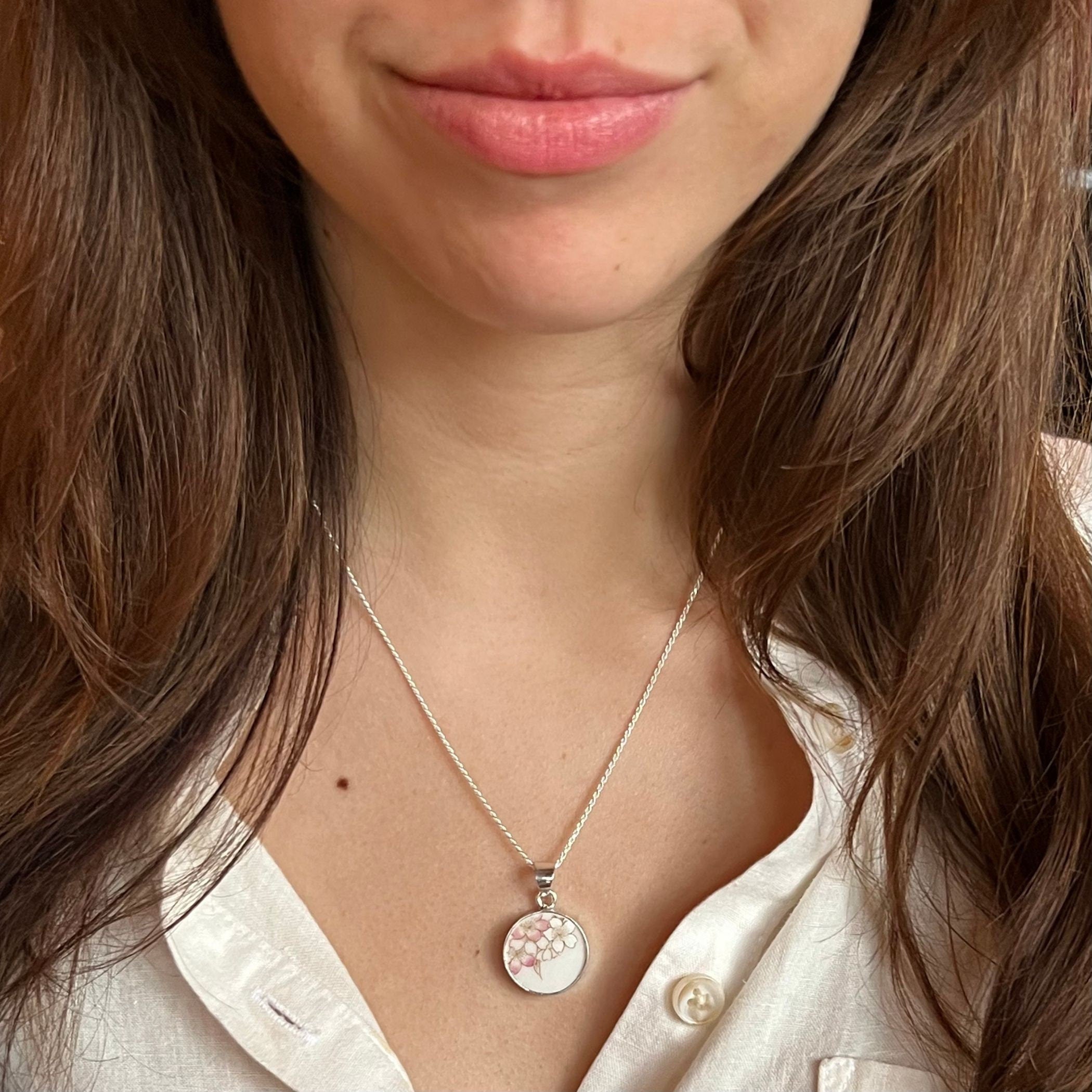 Dainty Cherry Blossom Necklace upcycled with Japanese Sakura Porcelain