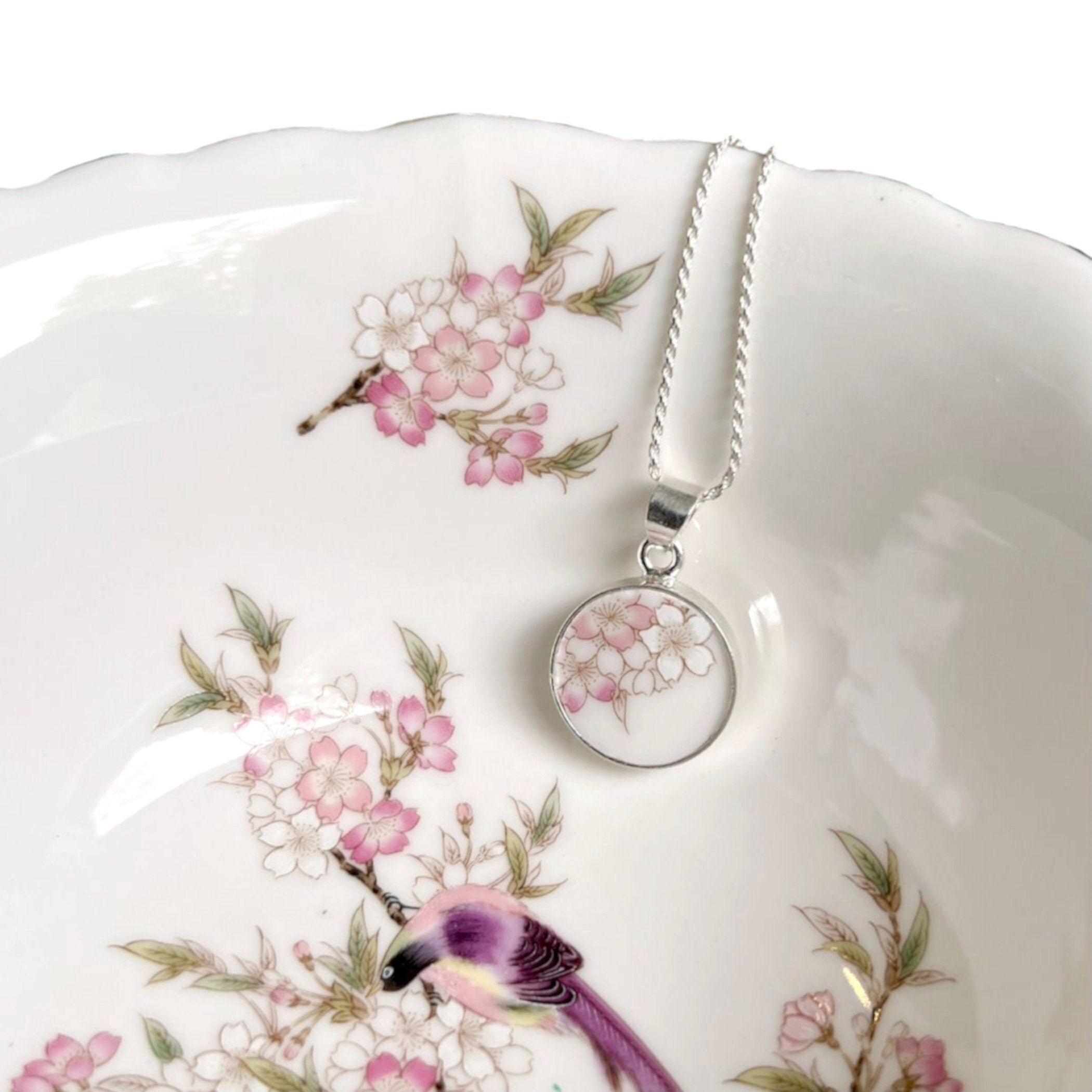 Dainty Cherry Blossom Necklace upcycled with Japanese Sakura Porcelain