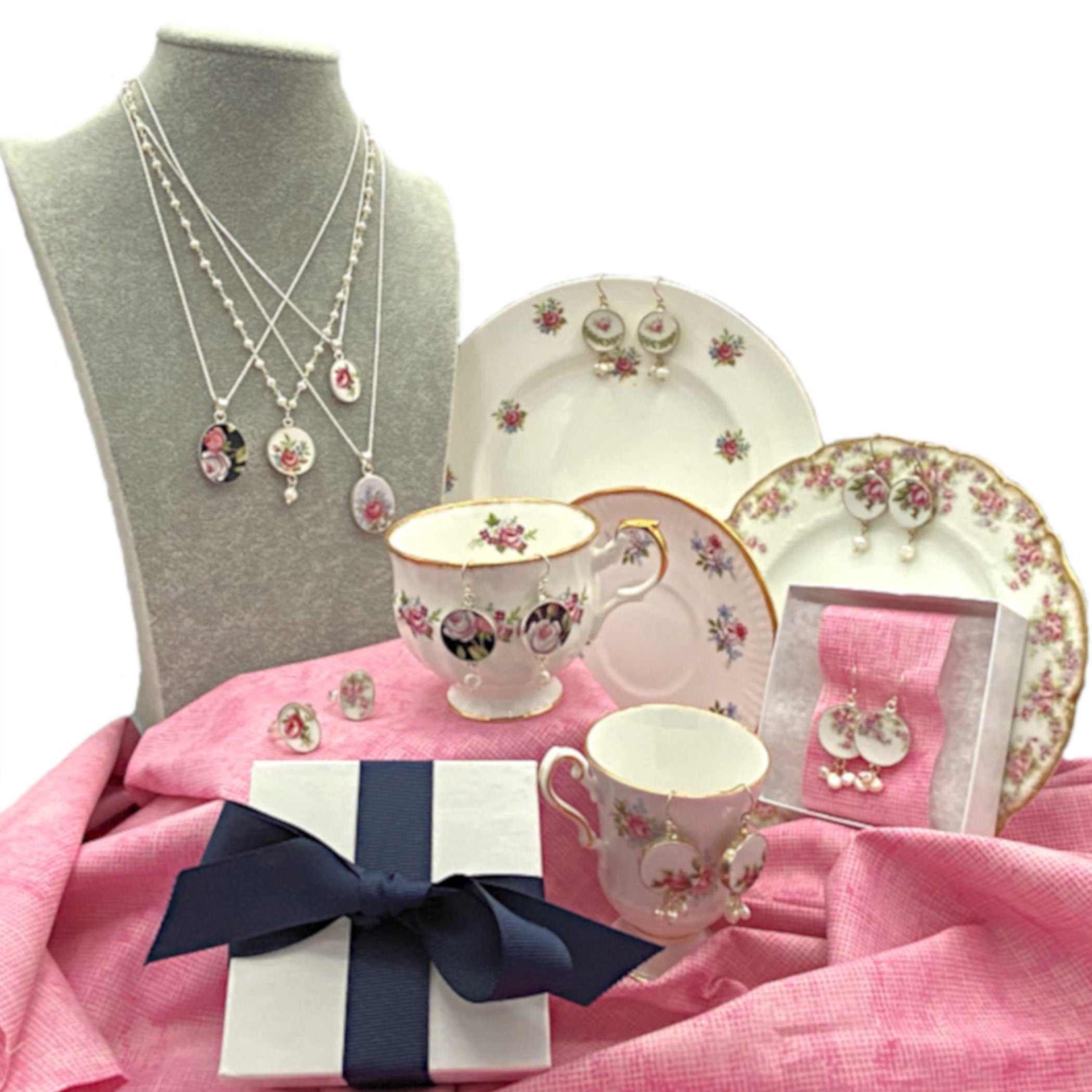 Royal Albert Old Country Roses Ruby Lace China Necklaces with Sterling Silver, Romantic OCR Broken China Jewelry Birthday Gift for Wife Mom