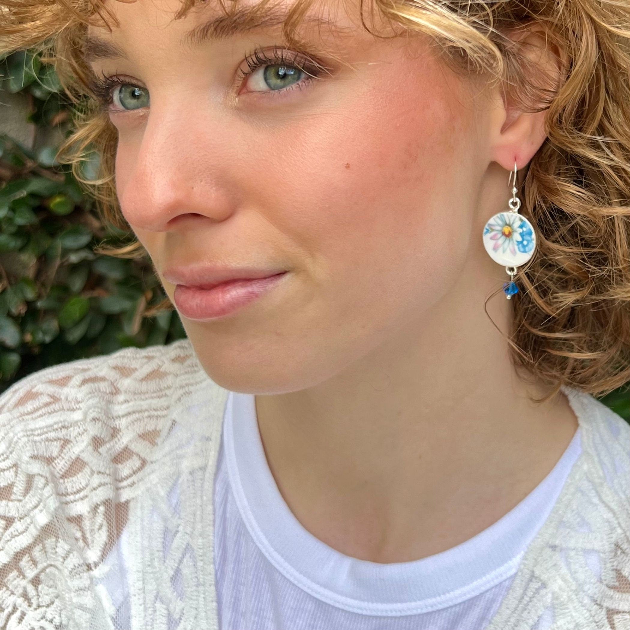 Vintage Daisy Flower China Dangly Earrings with Blue Flowers