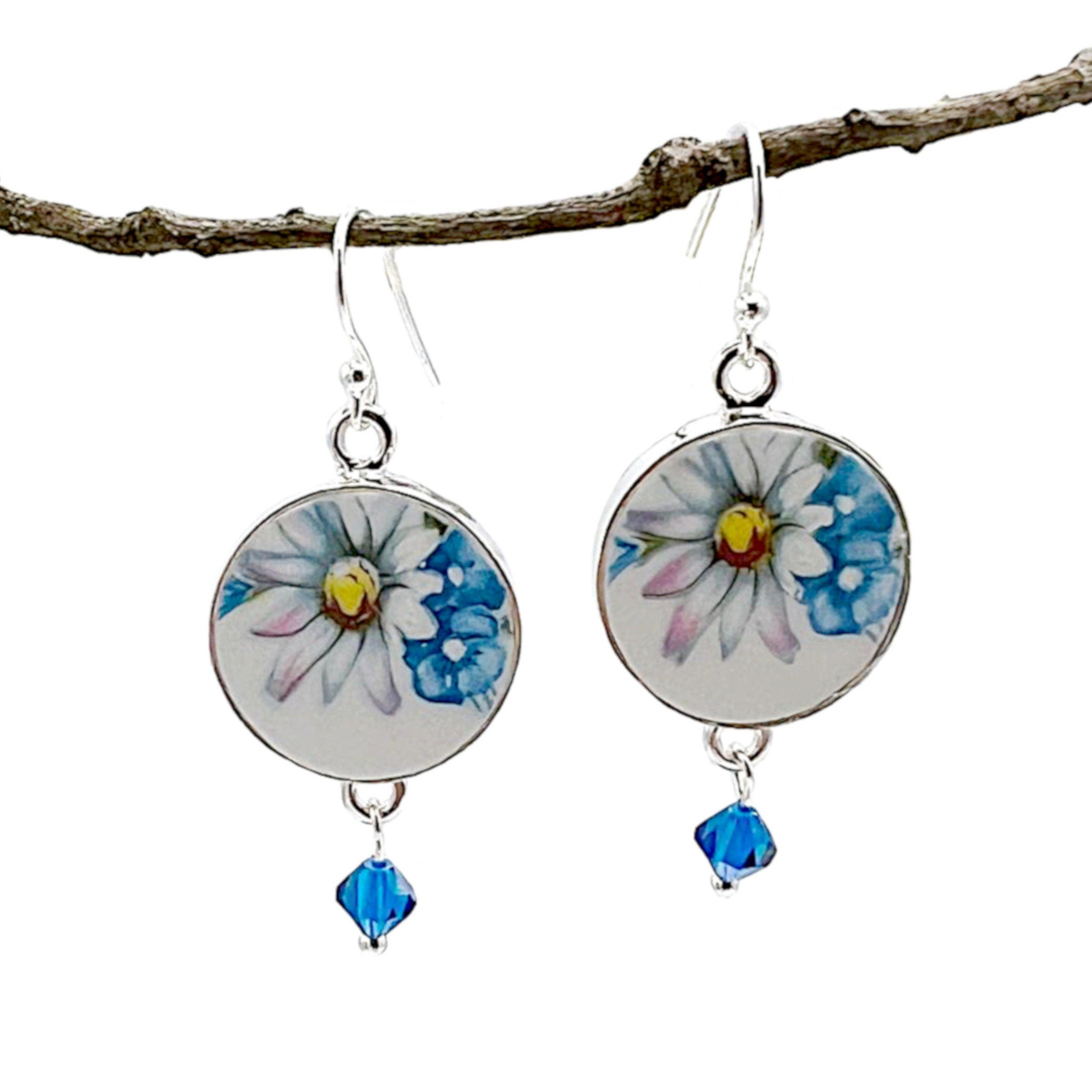 Vintage Daisy Flower China Dangly Earrings with Blue Flowers