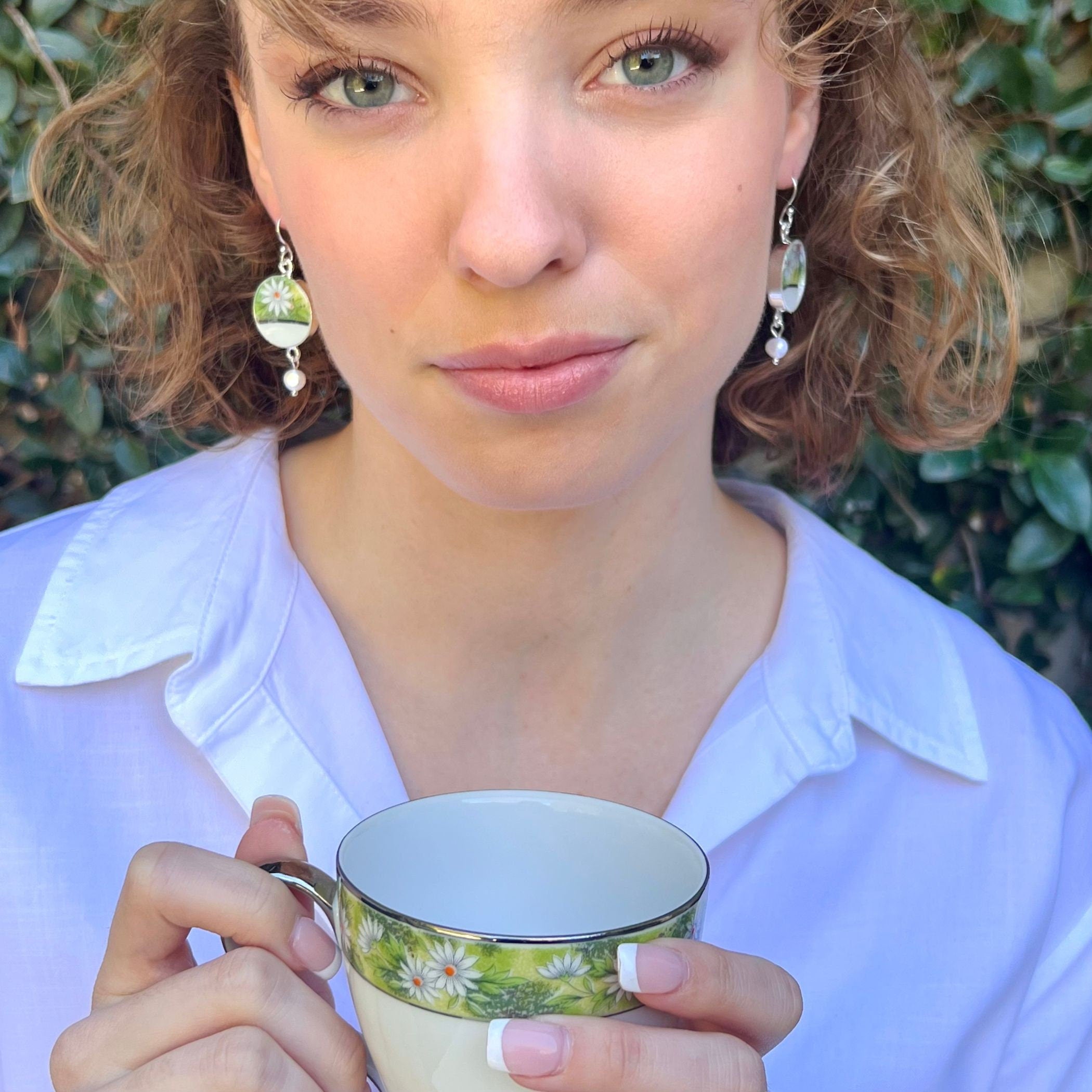 Sweet Vintage Daisy China Earrings handmade with Freshwater Pearl Dangles