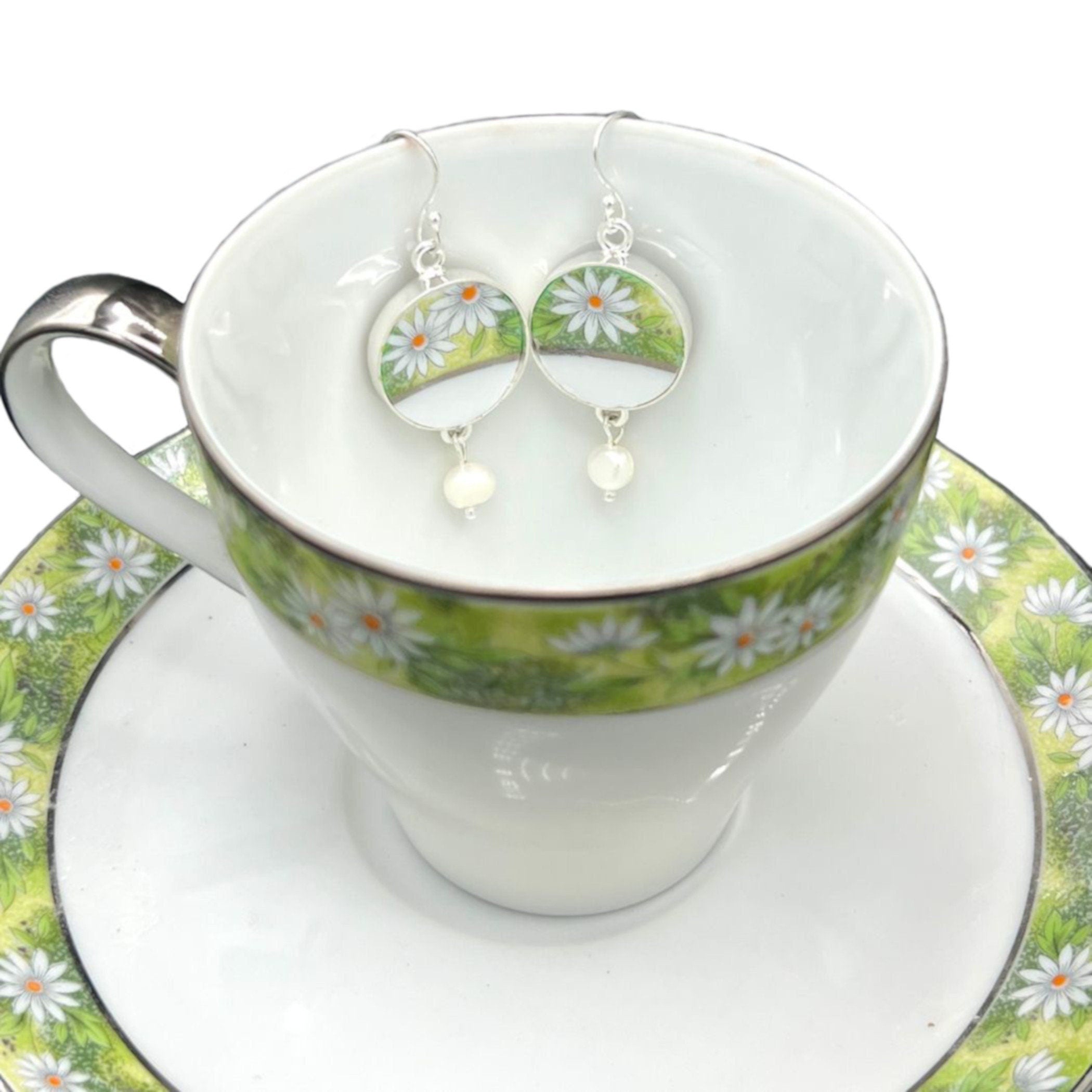 Sweet Vintage Daisy China Earrings handmade with Freshwater Pearl Dangles