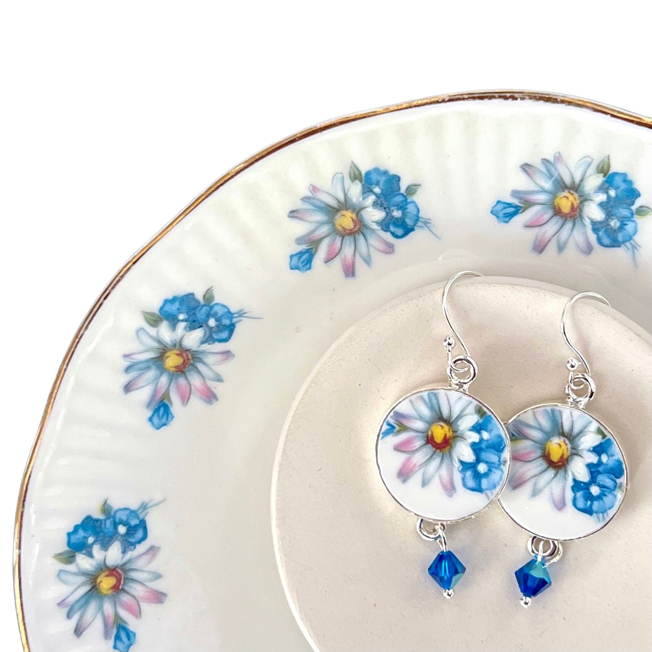 Vintage Daisy Flower China Dangly Earrings with Blue Flowers