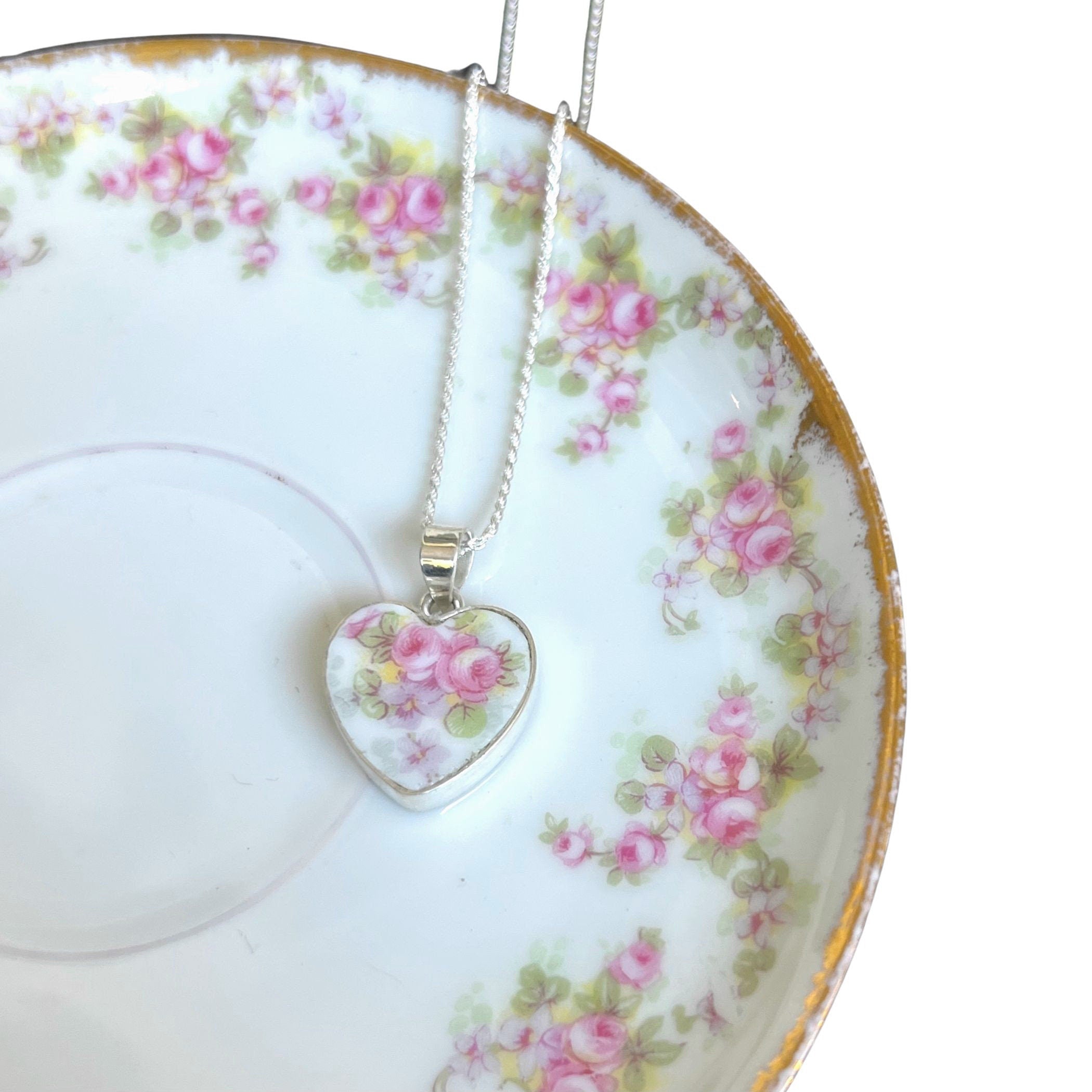 Vintage Rose China Heart Necklace handmade with French Limoges Porcelain