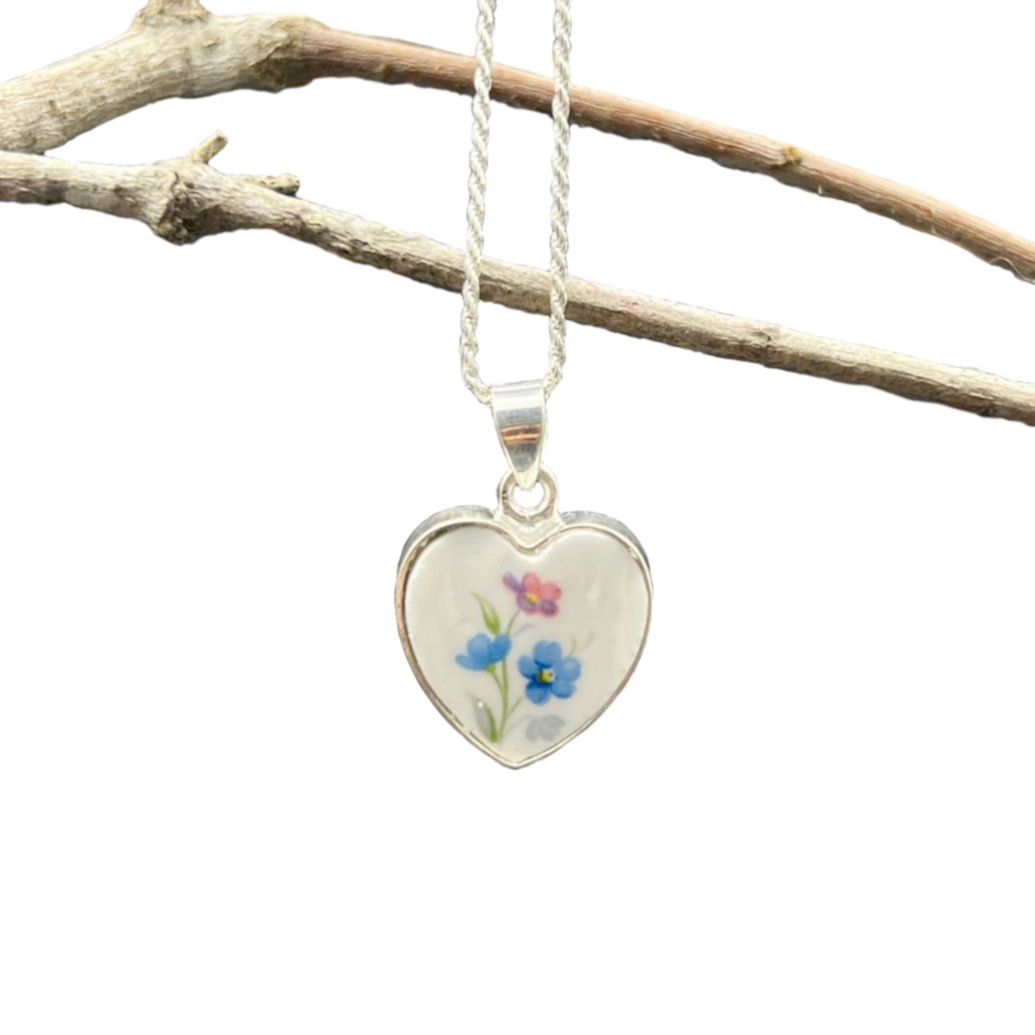 Forget Me Not Heart China Necklace handmade with Upcycled Royal Albert China & Sterling Silver