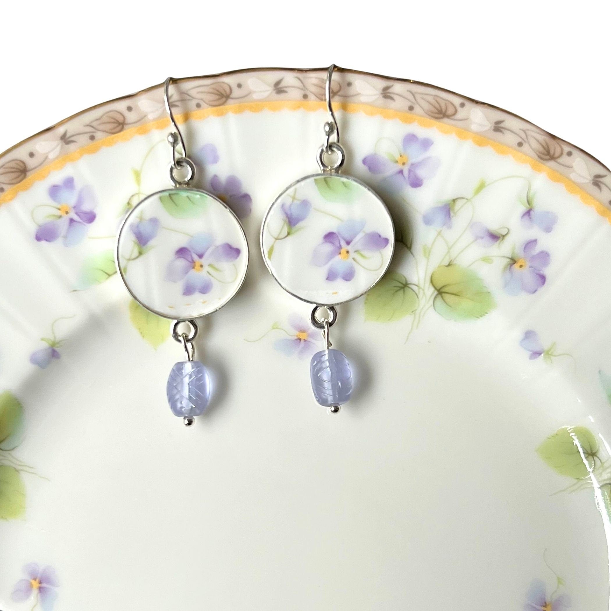 Lavender Violet Floral China Earrings handmade with Vintage Purple Bead Dangles