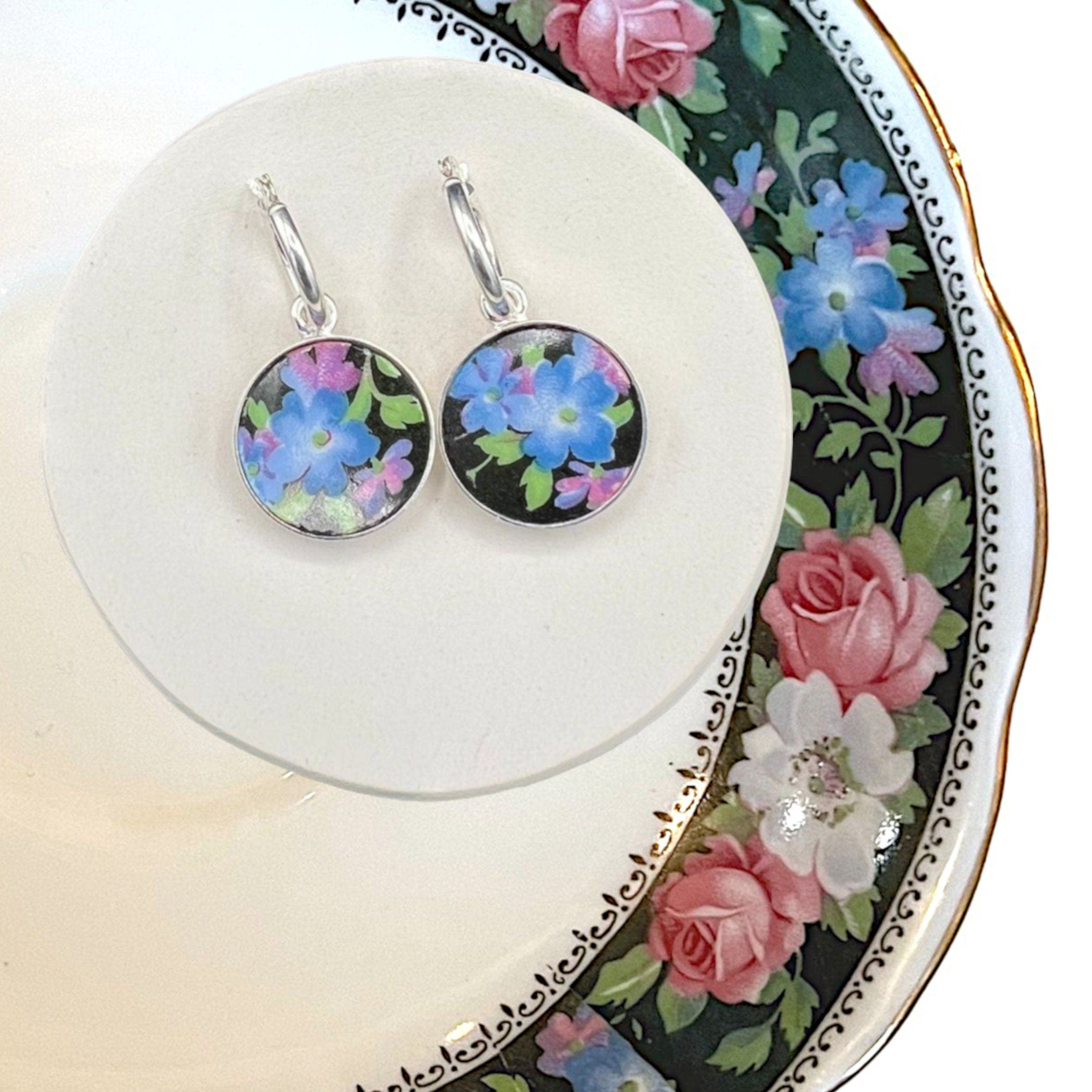 Vintage Royal Albert China Hoop Earrings handmade with Upcycled Porcelain & Small Sterling Silver Hoops, Broken China Jewelry Gift for Wife