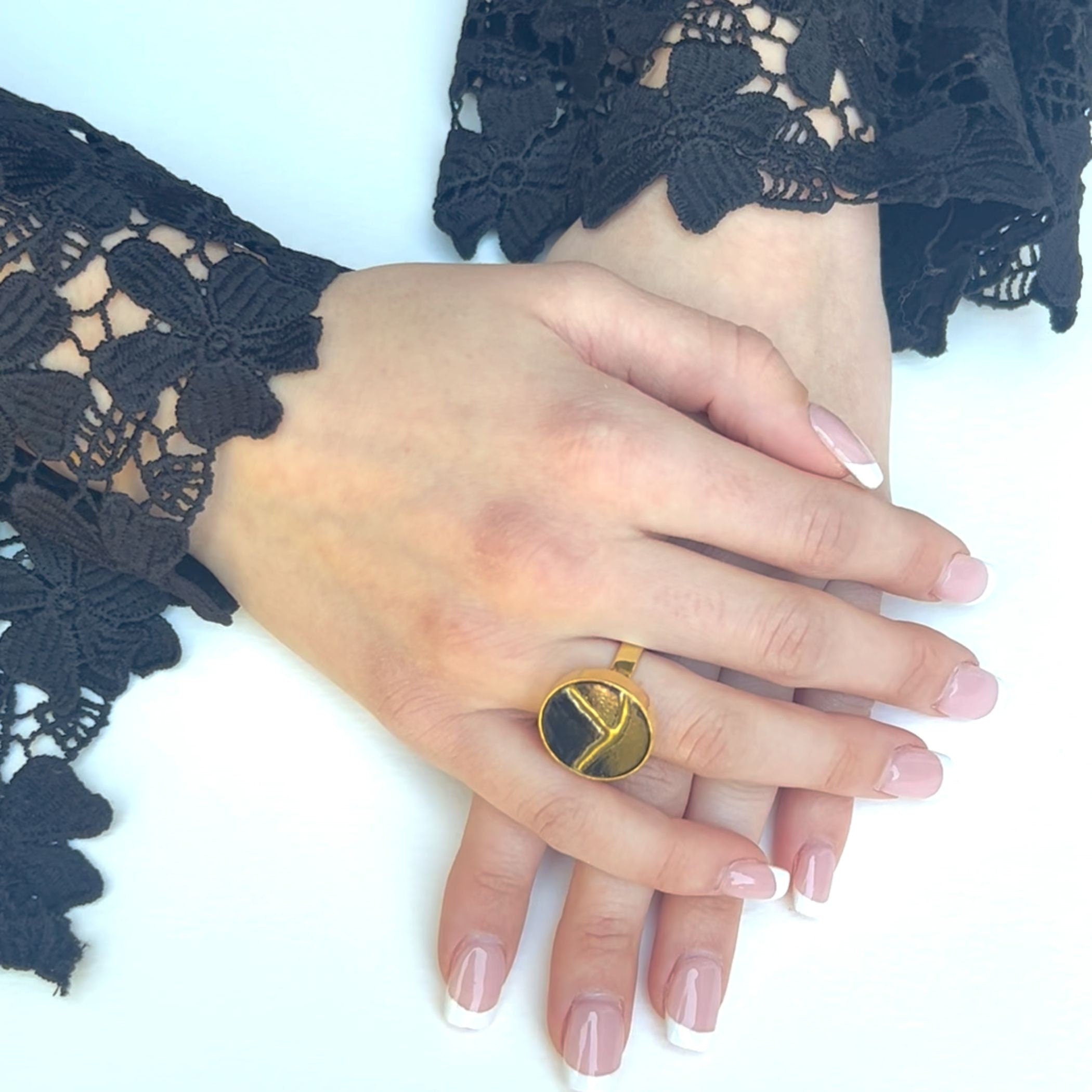 Black Kintsugi Ring, Japanese Wabi Sabi Ceramic Gold Statement Ring