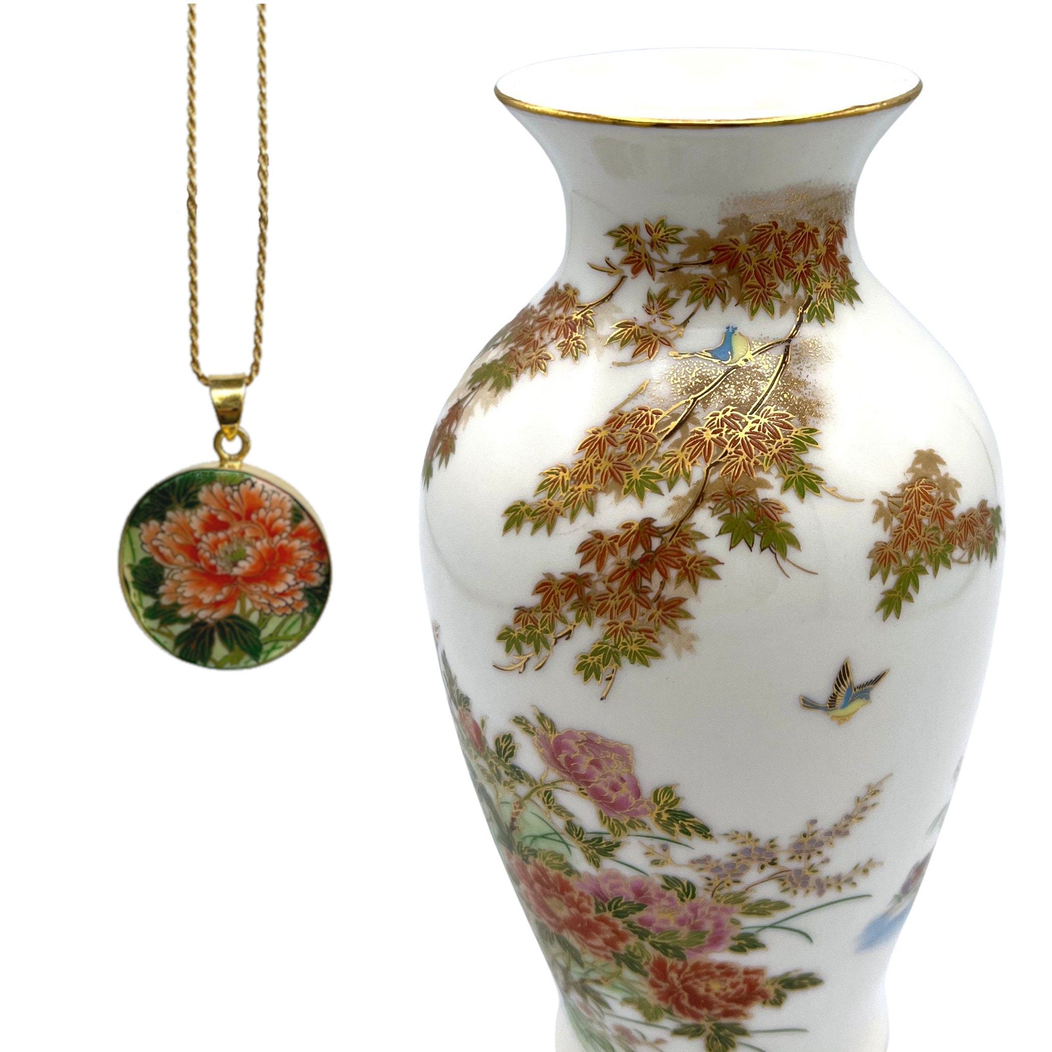 Red Peony Necklace upcycled from a Japanese Imari Porcelain Vase