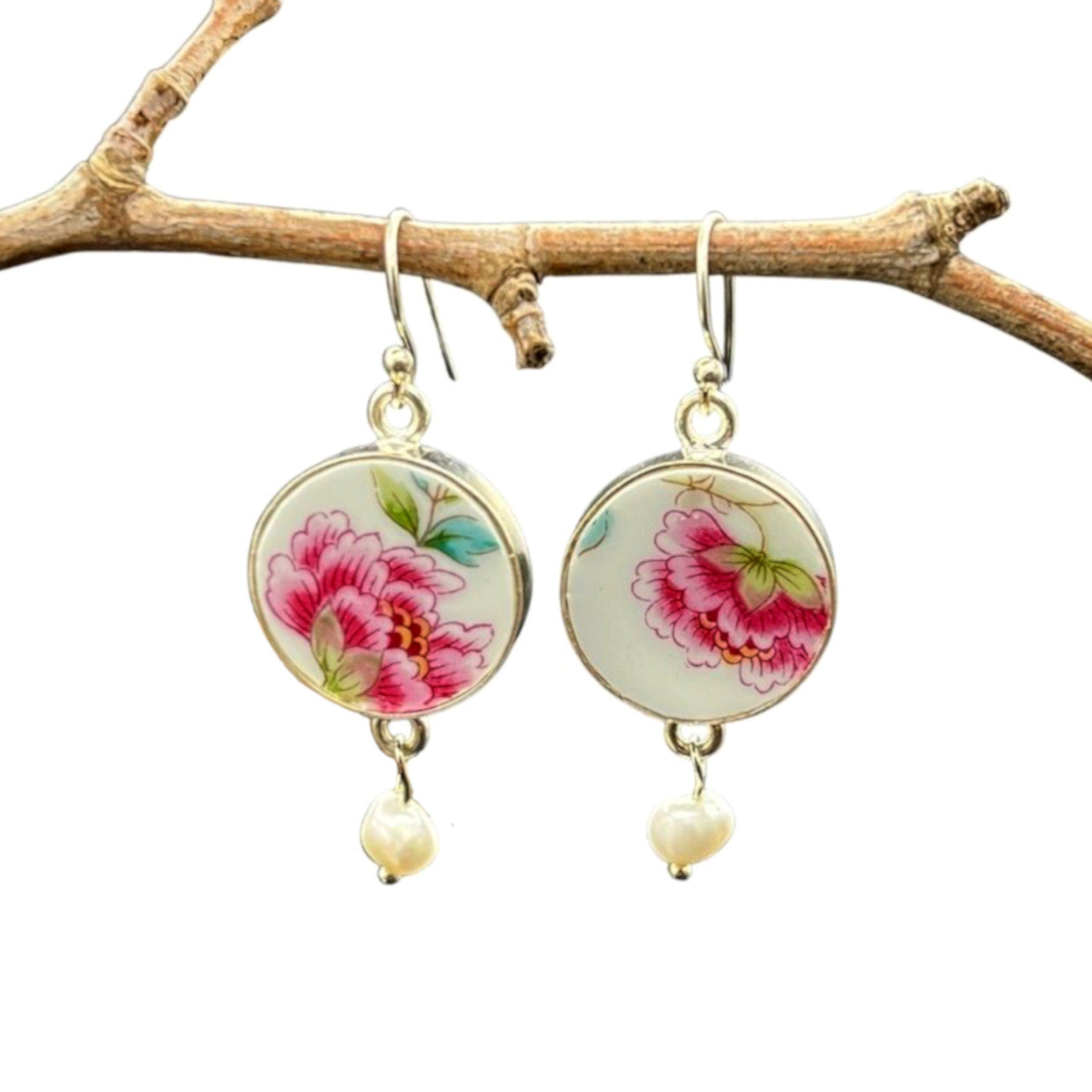 Mismatched Asian Peony China Earrings handmade with Upcycled Porcelain & Freshwater Pearls, Broken China Jewelry Gift for Her Birthday