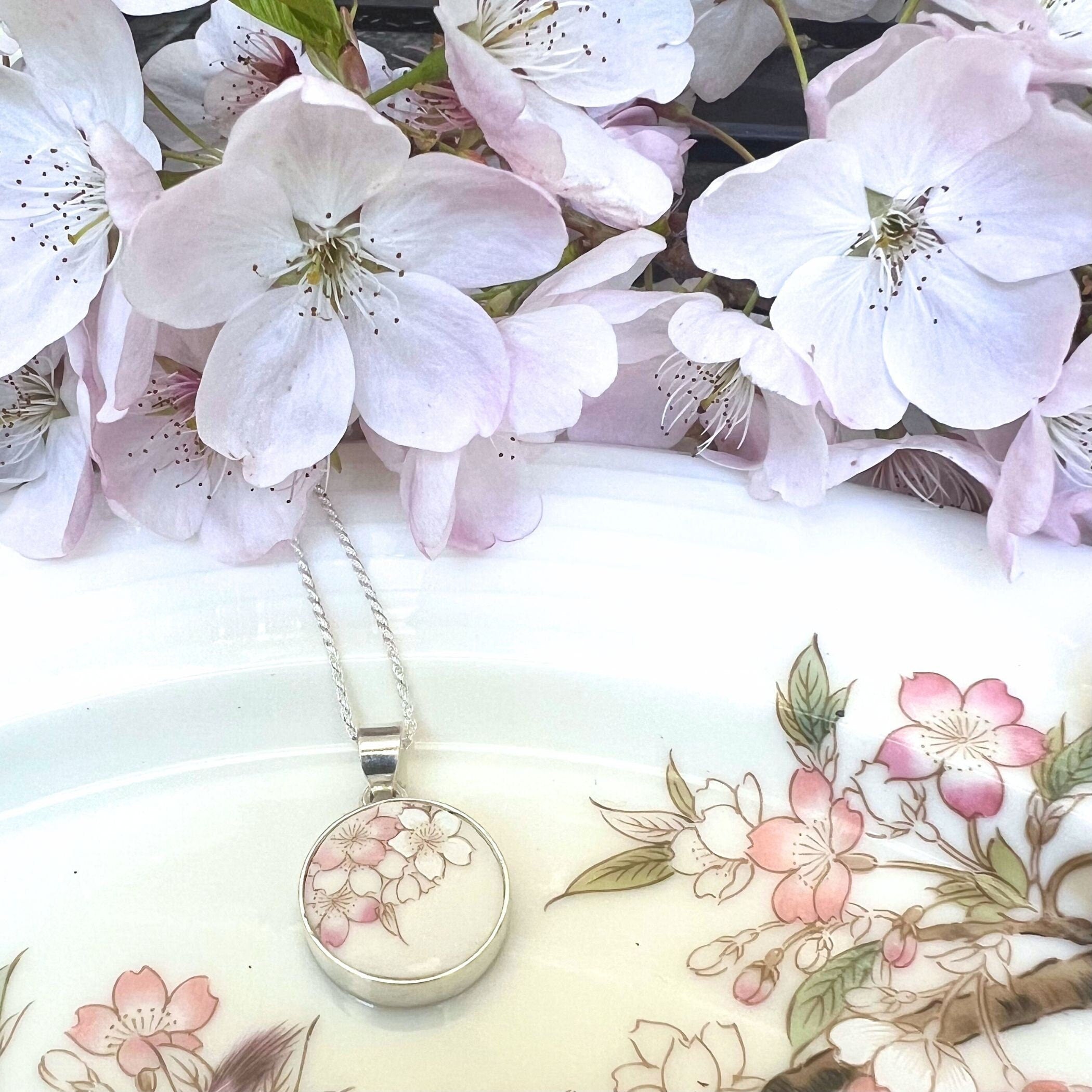 Dainty Cherry Blossom Necklace upcycled with Japanese Sakura Porcelain