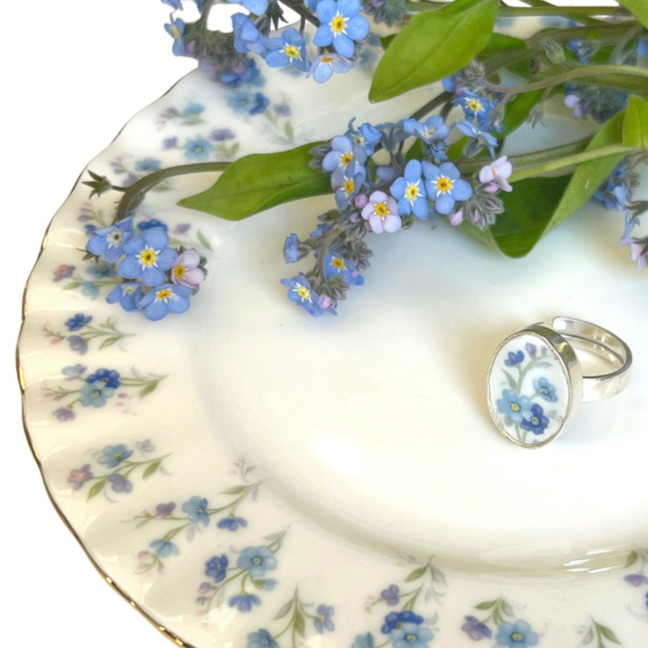 Royal Albert Forget Me Not China Ring handmade with Sterling Silver & Repurposed China