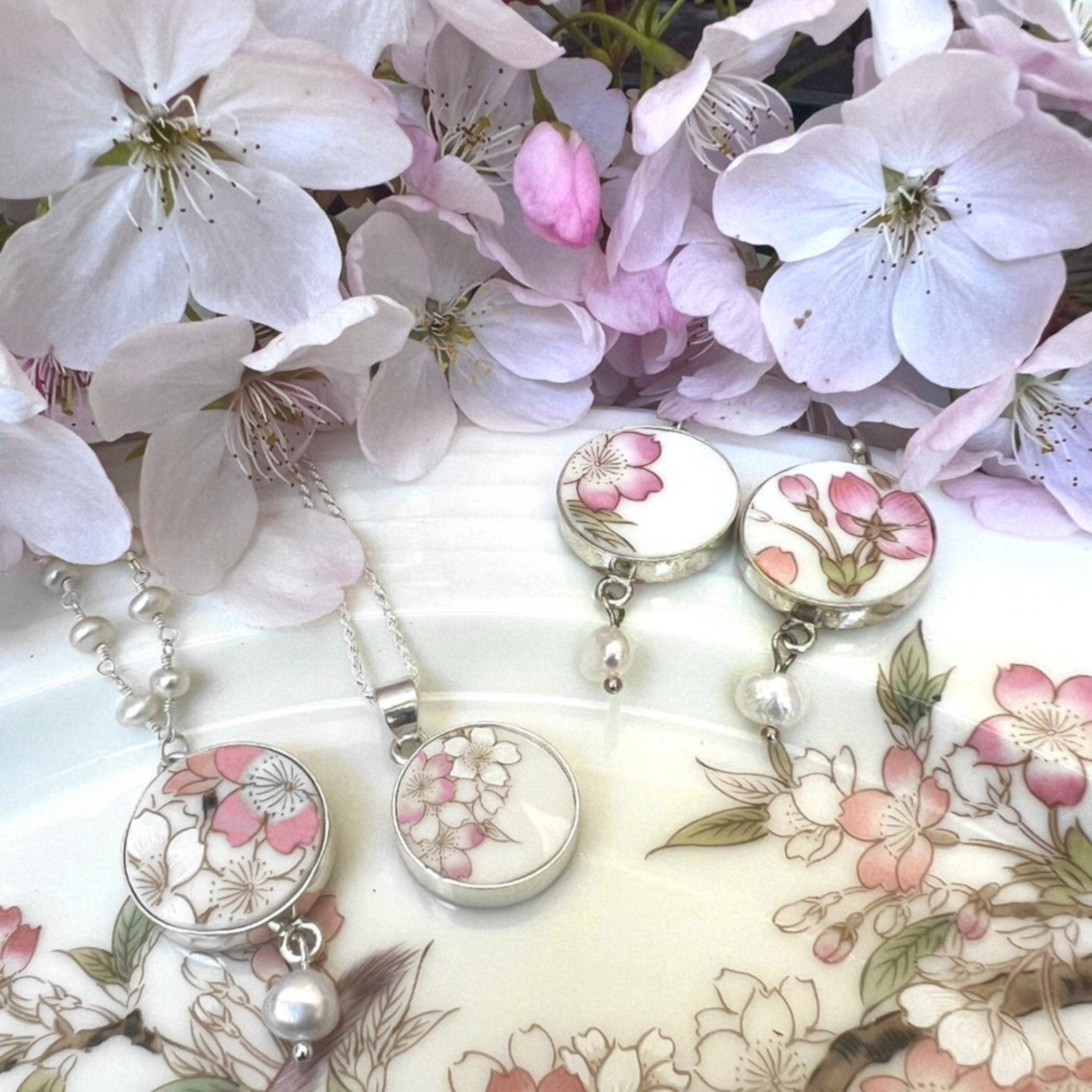 Japanese Cherry Blossom Ring handmade with Sakura Upcycled Porcelain & Sterling Silver