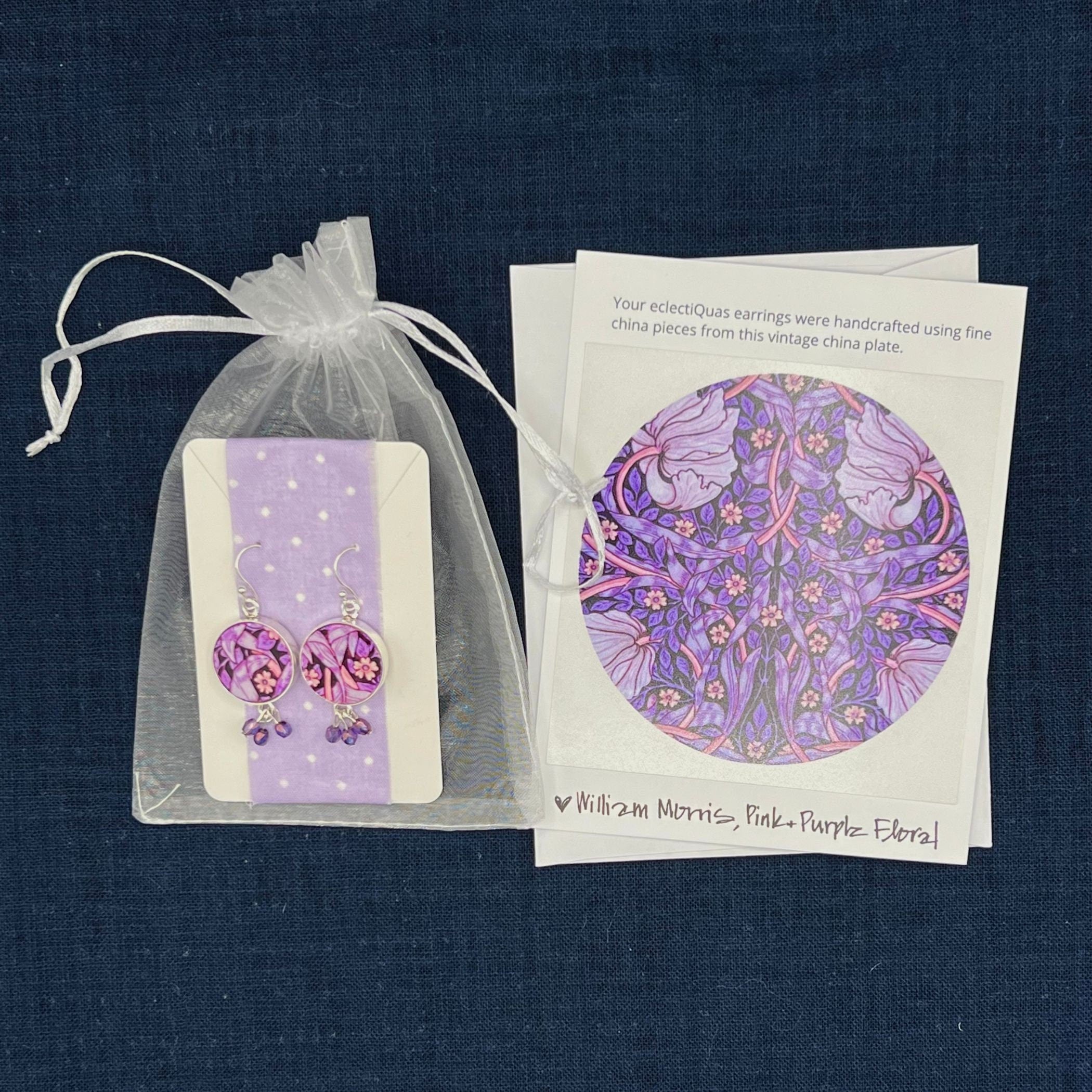 Upcycled William Morris Pimpernel Broken China Jewelry Earrings with Pink Purple Flowers
