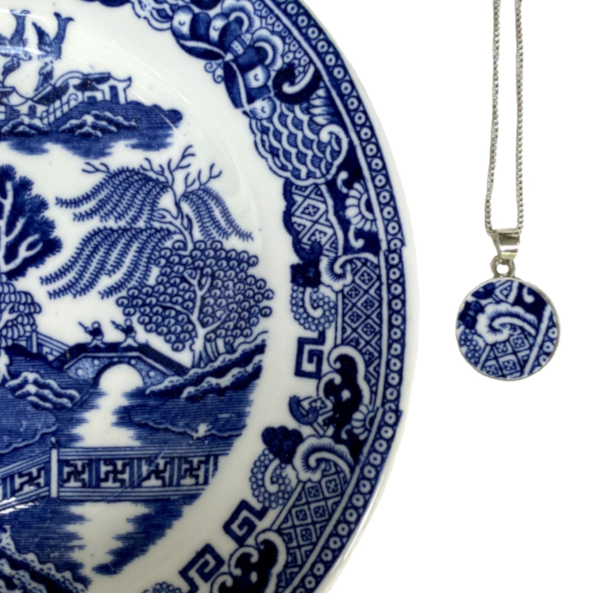 Crown Staffordshire Blue Willow China Necklace with Vintage Chinoiserie Style