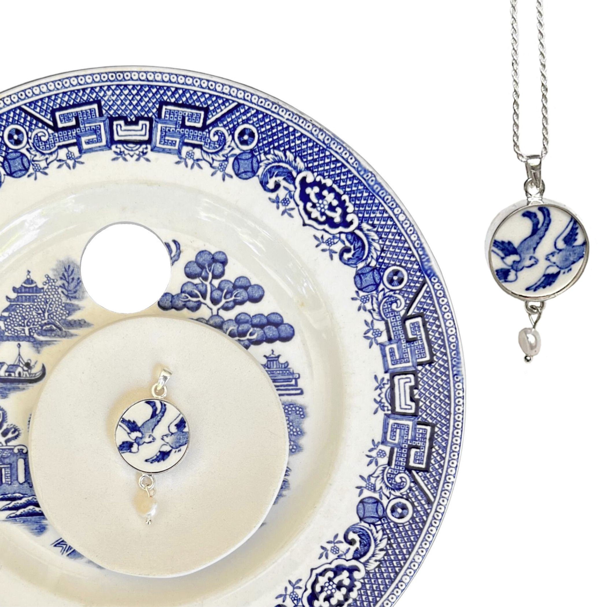 Love Birds Broken China Jewelry Necklace handmade with Blue Willow China