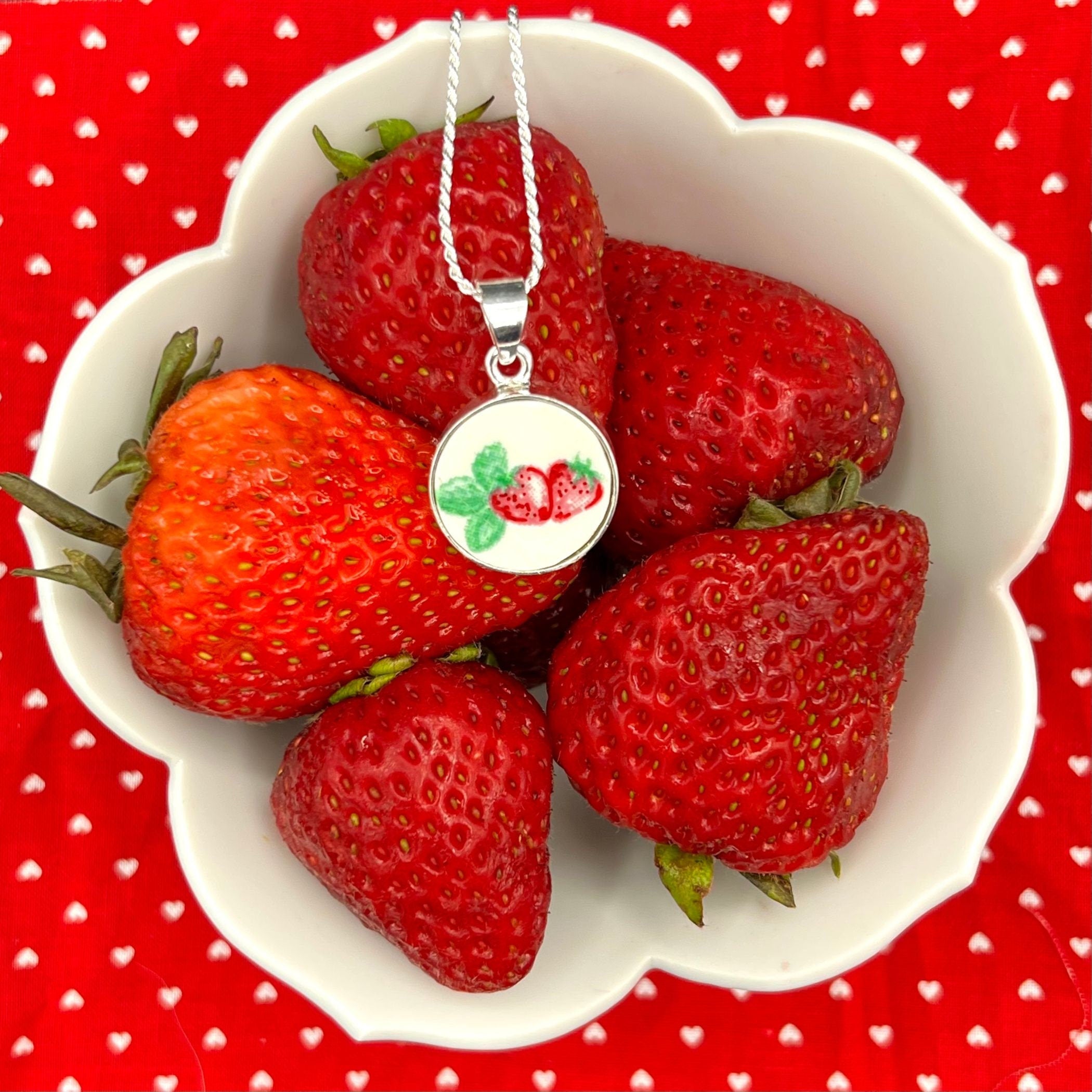 Summer Fruit China Necklaces handmade with Upcycled Italian Ceramic, Vintage Red Cherry Strawberry Lemon Broken China Jewelry Gift for Her