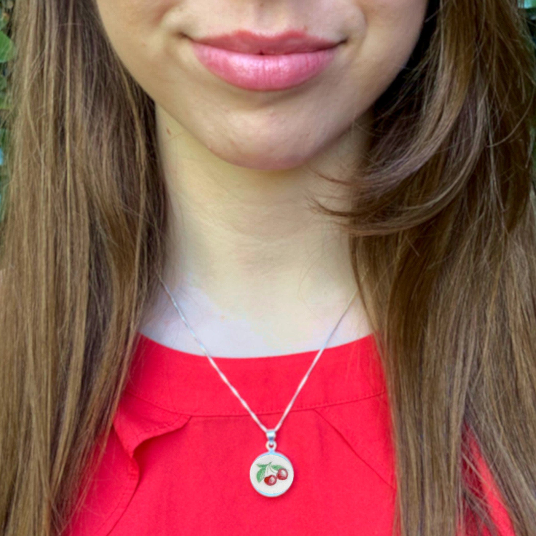 Red Cherry Pendant Necklace handmade with Repurposed China & Sterling Silver, Fun Summer Fruit Broken China Jewelry Pendant Gift for Women