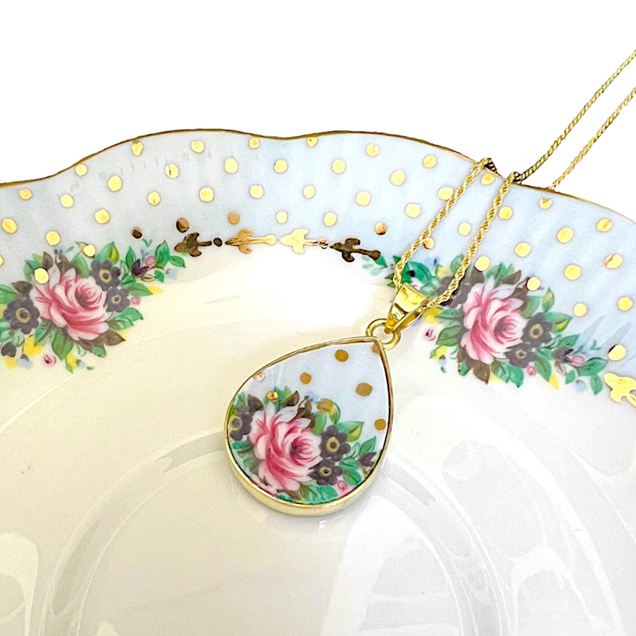 Rare Vintage Royal Albert Pierette Rose China Pendant Teardrop Necklace