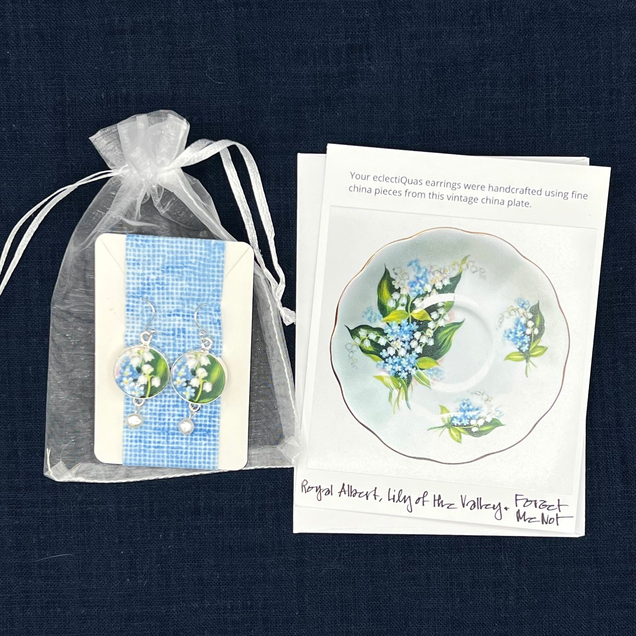 Royal Albert Broken China Jewelry Earrings handmade with Forget Me Not and Lily of the Valley China