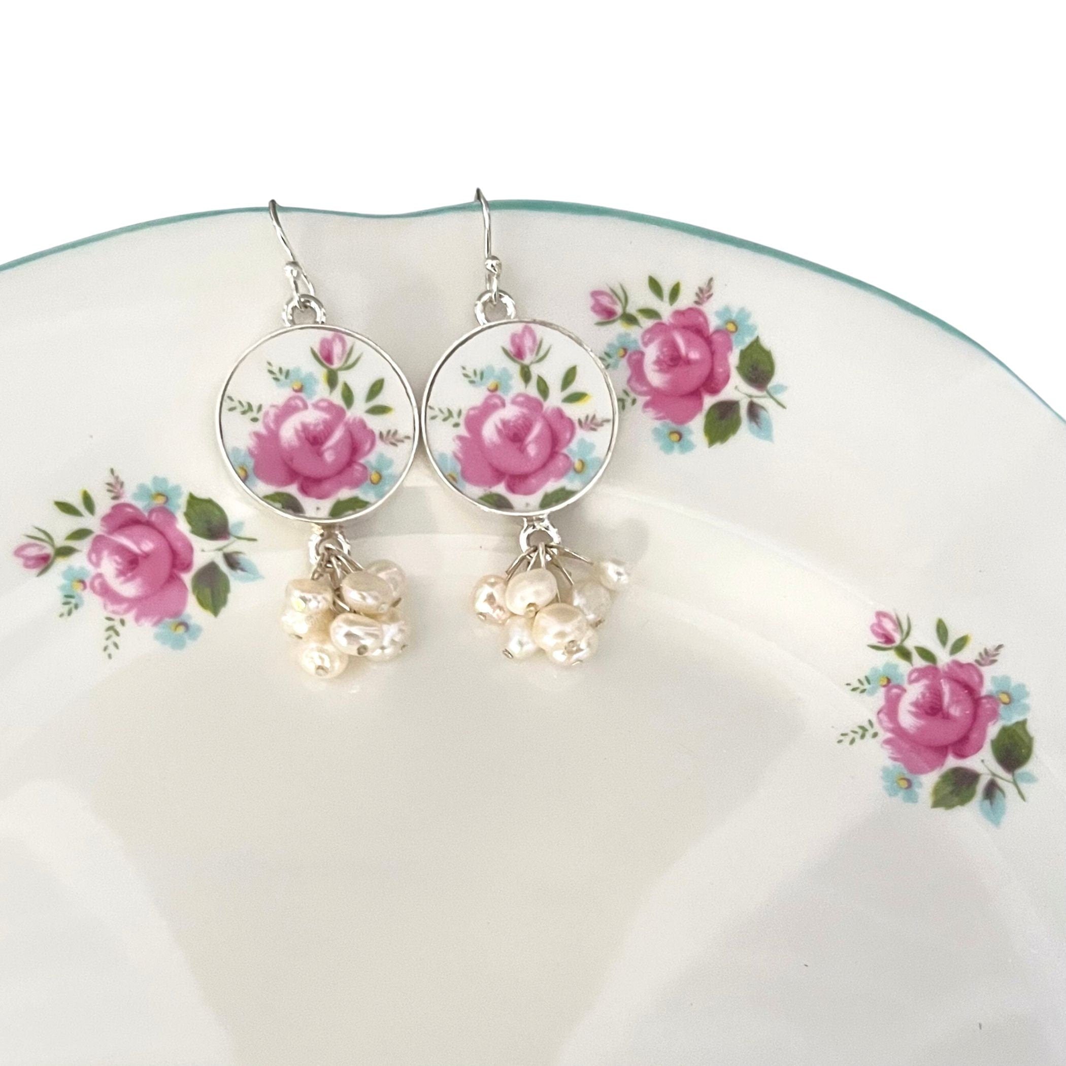 Rose China Earrings handmade with Pearl Chandeliers & Vintage Rosina China