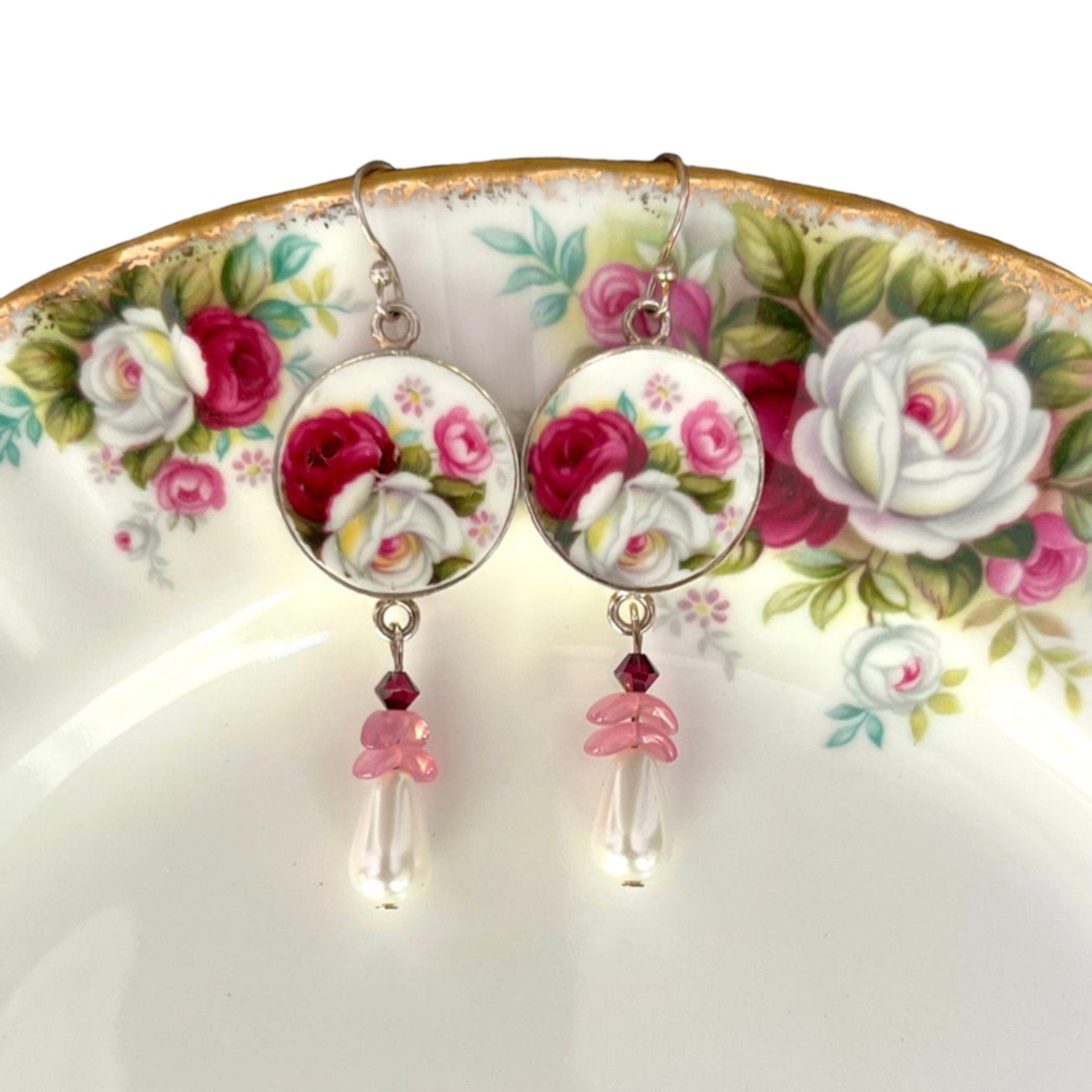 Royal Albert Celebration Rose Bouquet China Earrings with Pearl Teardrops