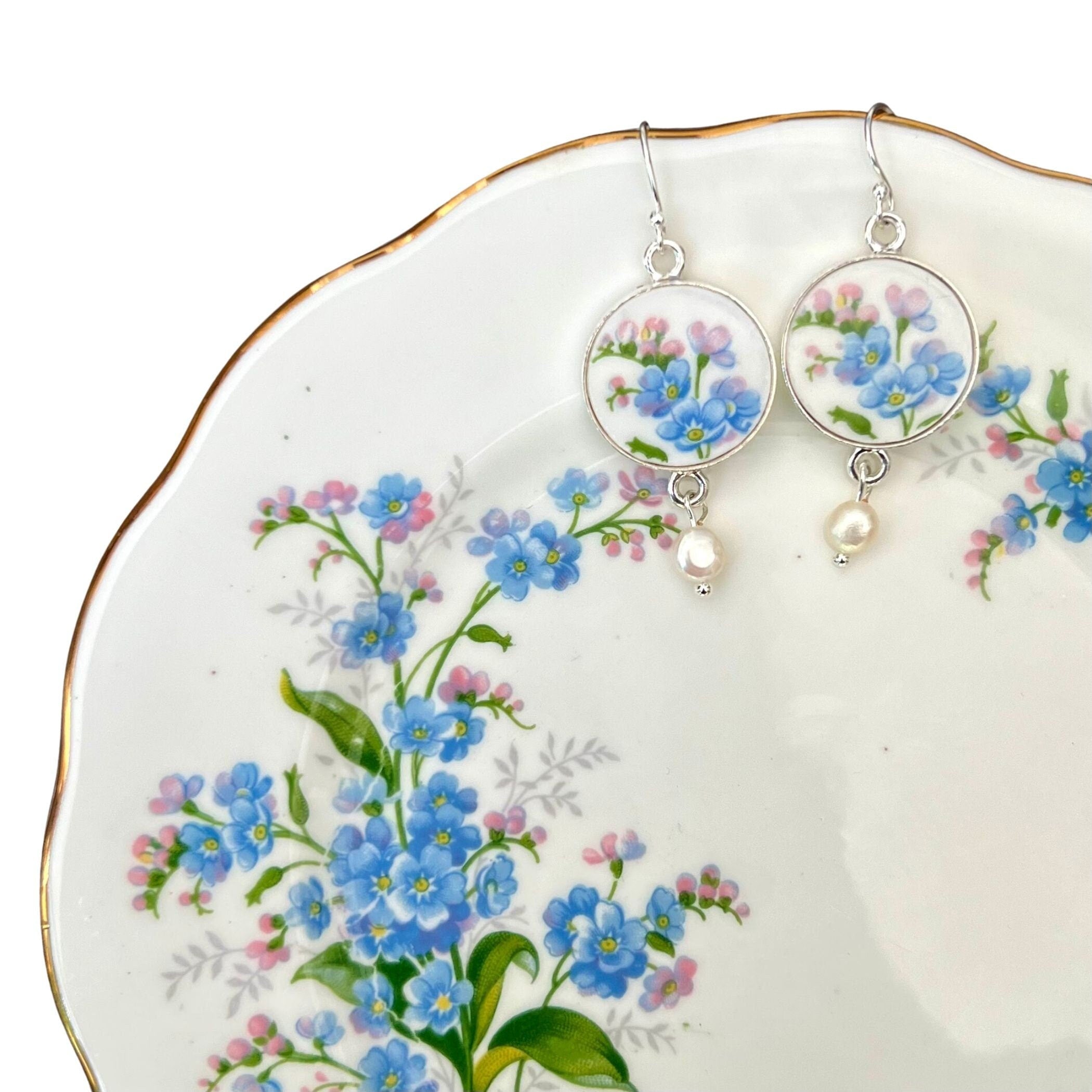 Vintage Royal Albert Forget Me Not China Earrings handmade with Dainty Blue Flowers