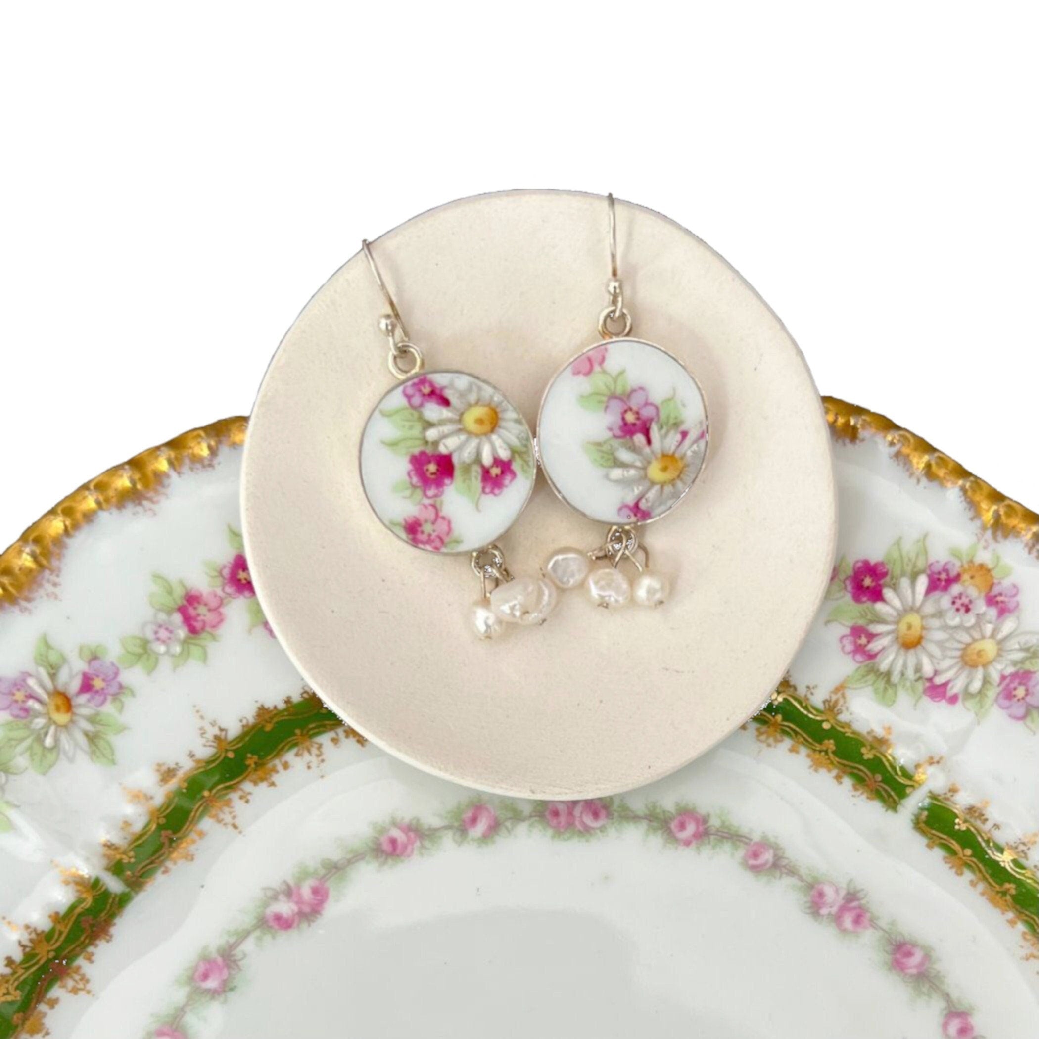 Mismatched Daisy Floral China Earrings handmade with French Limoges China