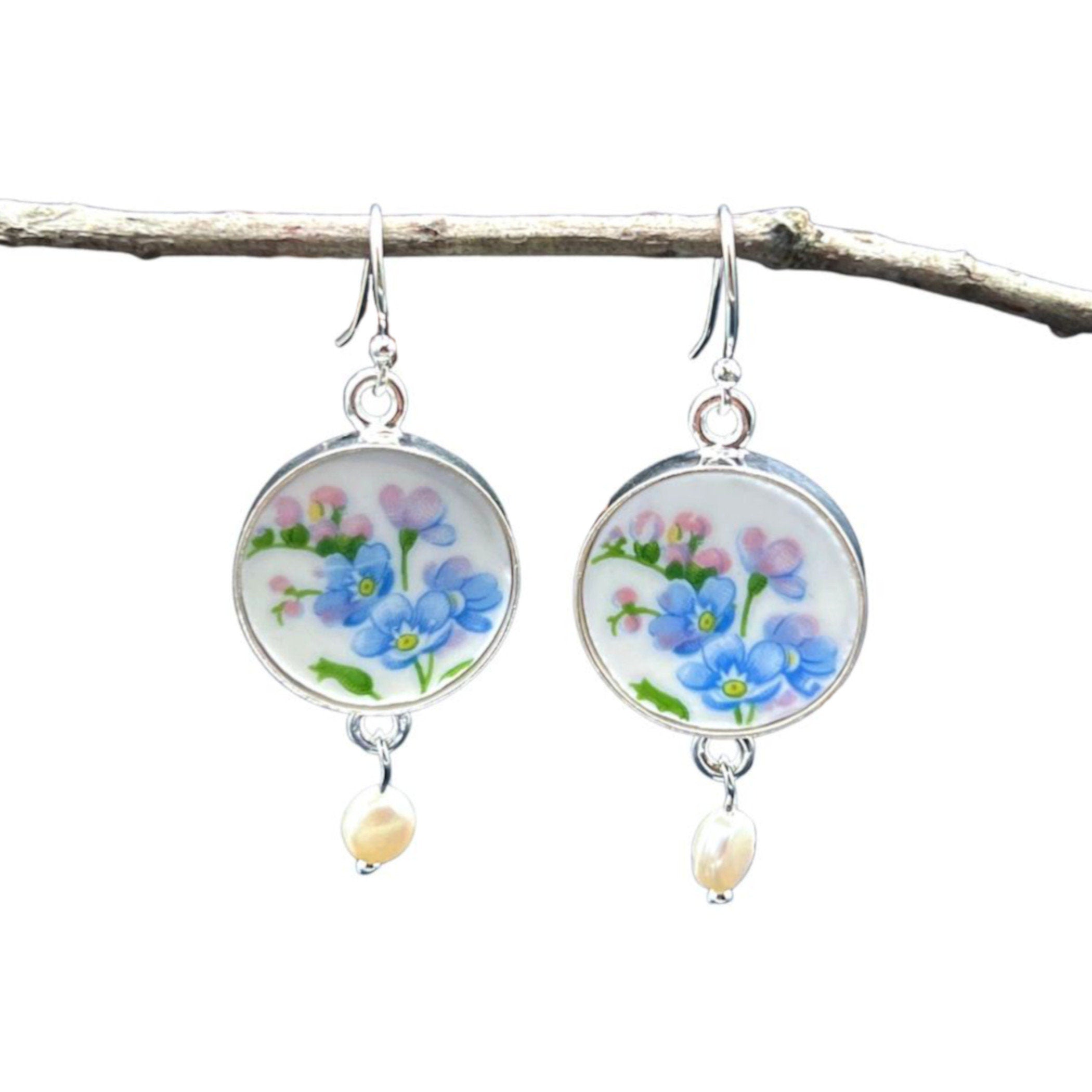 Vintage Royal Albert Forget Me Not China Earrings handmade with Dainty Blue Flowers