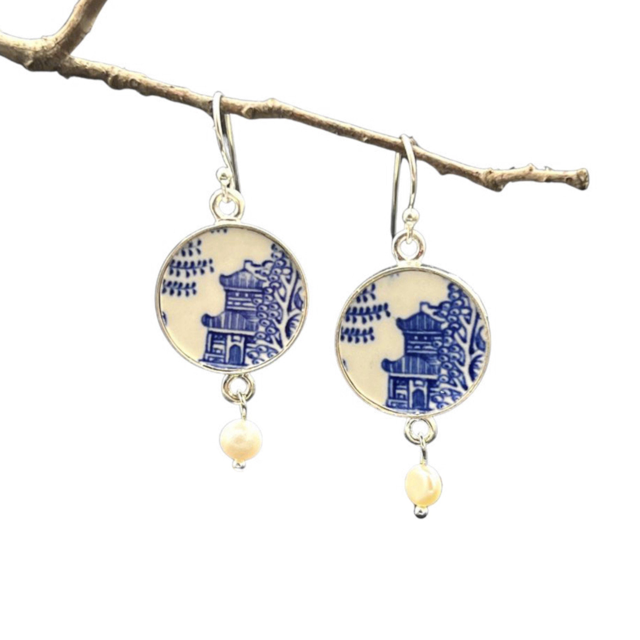 Japanese Pagoda China Earrings handmade with Vintage Blue Willow China