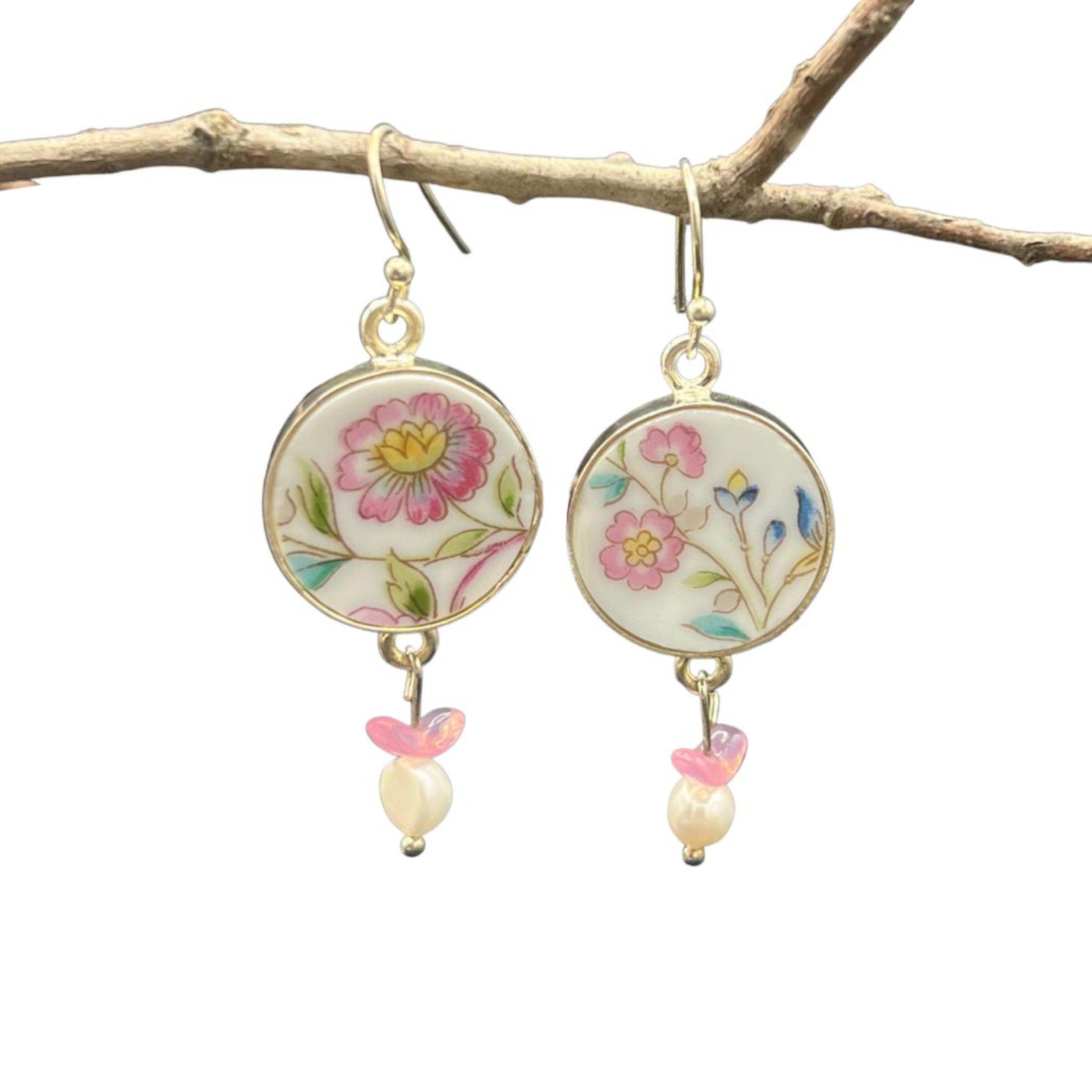 Pink Botanical Floral China Earrings Upcycled with Mismatched Flower China