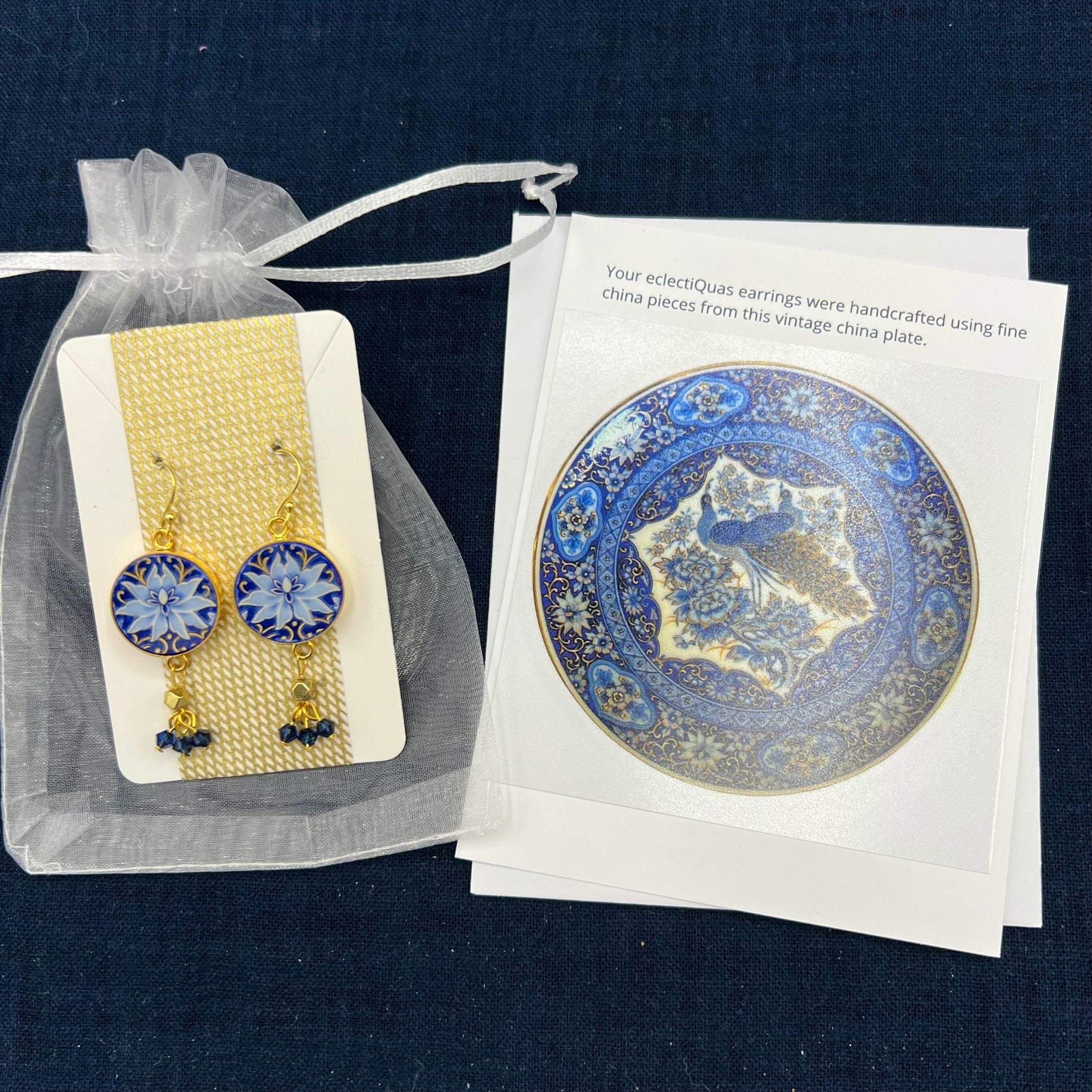 Handmade Blue Lotus Flower Porcelain Jewelry, Upcycled Zen Earrings